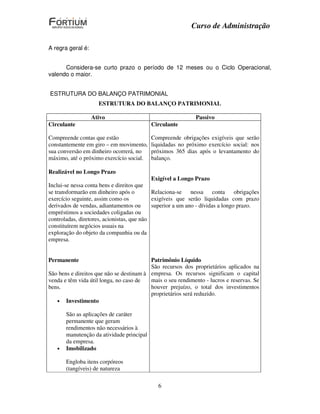 Curso de Administração

A regra geral é:


      Considera-se curto prazo o período de 12 meses ou o Ciclo Operacional,
valendo o maior.


ESTRUTURA DO BALANÇO PATRIMONIAL
                     ESTRUTURA DO BALANÇO PATRIMONIAL

                   Ativo                                      Passivo
Circulante                                 Circulante

Compreende contas que estão                Compreende obrigações exigíveis que serão
constantemente em giro – em movimento,     liquidadas no próximo exercício social: nos
sua conversão em dinheiro ocorrerá, no     próximos 365 dias após o levantamento do
máximo, até o próximo exercício social.    balanço.

Realizável no Longo Prazo
                                            Exigível a Longo Prazo
Inclui-se nessa conta bens e direitos que
se transformarão em dinheiro após o         Relaciona-se    nessa conta        obrigações
exercício seguinte, assim como os           exigíveis que serão liquidadas com prazo
derivados de vendas, adiantamentos ou       superior a um ano - dívidas a longo prazo.
empréstimos a sociedades coligadas ou
controladas, diretores, acionistas, que não
constituírem negócios usuais na
exploração do objeto da companhia ou da
empresa.


Permanente                                Patrimônio Líquido
                                          São recursos dos proprietários aplicados na
São bens e direitos que não se destinam à empresa. Os recursos significam o capital
venda e têm vida útil longa, no caso de   mais o seu rendimento - lucros e reservas. Se
bens.                                     houver prejuízo, o total dos investimentos
                                          proprietários será reduzido.
   • Investimento

       São as aplicações de caráter
       permanente que geram
       rendimentos não necessários à
       manutenção da atividade principal
       da empresa.
   •   Imobilizado

       Engloba itens corpóreos
       (tangíveis) de natureza

                                              6
 