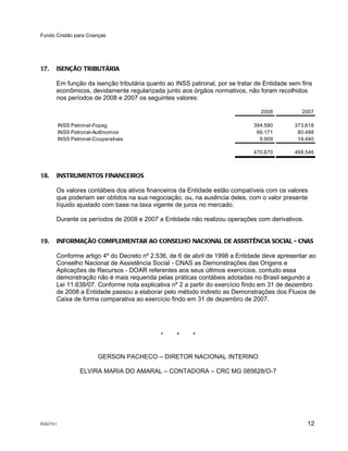 Fundo Cristão para Crianças




17.   ISENÇÃO TRIBUTÁRIA

      Em função da isenção tributária quanto ao INSS patronal, por se tratar de Entidade sem fins
      econômicos, devidamente regularizada junto aos órgãos normativos, não foram recolhidos
      nos períodos de 2008 e 2007 os seguintes valores:

                                                                              2008           2007

         INSS Patronal-Fopag                                                394.590       373.618
         INSS Patronal-Autônomos                                             66.171        80.488
         INSS Patronal-Cooperativas                                           9.909        14.440

                                                                            470.670       468.546



18.   INSTRUMENTOS FINANCEIROS

      Os valores contábeis dos ativos financeiros da Entidade estão compatíveis com os valores
      que poderiam ser obtidos na sua negociação, ou, na ausência deles, com o valor presente
      líquido ajustado com base na taxa vigente de juros no mercado.

      Durante os períodos de 2008 e 2007 a Entidade não realizou operações com derivativos.


19.   INFORMAÇÃO COMPLEMENTAR AO CONSELHO NACIONAL DE ASSISTÊNCIA SOCIAL - CNAS

      Conforme artigo 4º do Decreto nº 2.536, de 6 de abril de 1998 a Entidade deve apresentar ao
      Conselho Nacional de Assistência Social - CNAS as Demonstrações das Origens e
      Aplicações de Recursos - DOAR referentes aos seus últimos exercícios, contudo essa
      demonstração não é mais requerida pelas práticas contábeis adotadas no Brasil segundo a
      Lei 11.638/07. Conforme nota explicativa nº 2 a partir do exercício findo em 31 de dezembro
      de 2008 a Entidade passou a elaborar pelo método indireto as Demonstrações dos Fluxos de
      Caixa de forma comparativa ao exercício findo em 31 de dezembro de 2007.




                                           *    *     *


                         GERSON PACHECO – DIRETOR NACIONAL INTERINO

                 ELVIRA MARIA DO AMARAL – CONTADORA – CRC MG 085628/O-7




RA0741                                                                                         12
 