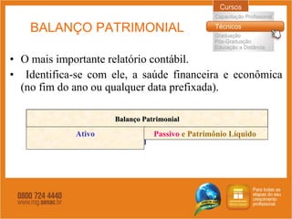 BALANÇO PATRIMONIAL O mais importante relatório contábil. Identifica-se com ele, a saúde financeira e econômica (no fim do ano ou qualquer data prefixada). Balanço Patrimonial Ativo Passivo  e Patrimônio Líquido  