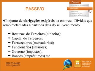 PASSIVO Conjunto de  obrigações exigíveis  da empresa. Dívidas que serão reclamadas a partir da data do seu vencimento.  Recursos de Terceiros (dinheiro) ; Capital de Terceiros ; Fornecedores (mercadorias) ; Funcionários (salários) ; Governo (impostos) ;   Bancos (empréstimos) etc.  