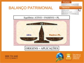 BALANÇO PATRIMONIAL Equilíbrio: ATIVO = PASSIVO + PL ORIGENS = APLICAÇÕES Ativo Passivo e PL 