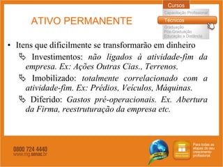 ATIVO PERMANENTE Itens que dificilmente se transformarão em dinheiro Investimentos:  não ligados à atividade-fim da empresa. Ex: Ações Outras Cias., Terrenos. Imobilizado:  totalmente correlacionado com a atividade-fim. Ex: Prédios, Veículos, Máquinas.  Diferido:  Gastos pré-operacionais. Ex. Abertura da Firma, reestruturação da empresa etc. 