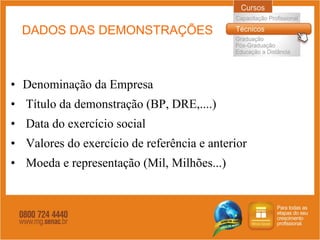 DADOS DAS DEMONSTRAÇÕES Denominação da Empresa Título da demonstração (BP, DRE,....) Data do exercício social Valores do exercício de referência e anterior Moeda e representação (Mil, Milhões...) 