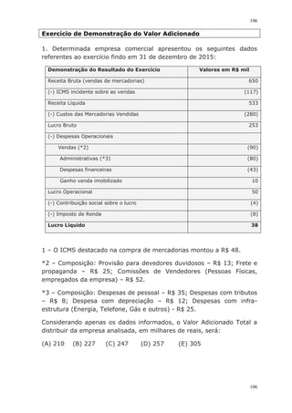 106
106
Exercício de Demonstração do Valor Adicionado
1. Determinada empresa comercial apresentou os seguintes dados
referentes ao exercício findo em 31 de dezembro de 2015:
Demonstração do Resultado do Exercício Valores em R$ mil
Receita Bruta (vendas de mercadorias) 650
(-) ICMS incidente sobre as vendas (117)
Receita Líquida 533
(-) Custos das Mercadorias Vendidas (280)
Lucro Bruto 253
(-) Despesas Operacionais
Vendas (*2) (90)
Administrativas (*3) (80)
Despesas financeiras (43)
Ganho venda imobilizado 10
Lucro Operacional 50
(-) Contribuição social sobre o lucro (4)
(-) Imposto de Renda (8)
Lucro Líquido 38
1 – O ICMS destacado na compra de mercadorias montou a R$ 48.
*2 – Composição: Provisão para devedores duvidosos – R$ 13; Frete e
propaganda – R$ 25; Comissões de Vendedores (Pessoas Físicas,
empregados da empresa) – R$ 52.
*3 – Composição: Despesas de pessoal – R$ 35; Despesas com tributos
– R$ 8; Despesa com depreciação – R$ 12; Despesas com infra-
estrutura (Energia, Telefone, Gás e outros) - R$ 25.
Considerando apenas os dados informados, o Valor Adicionado Total a
distribuir da empresa analisada, em milhares de reais, será:
(A) 210 (B) 227 (C) 247 (D) 257 (E) 305
 