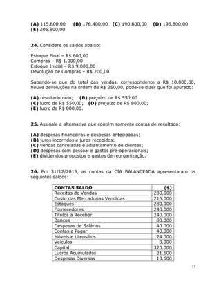 37
(A) 115.800,00 (B) 176.400,00 (C) 190.800,00 (D) 196.800,00
(E) 206.800,00
24. Considere os saldos abaixo:
Estoque Final – R$ 600,00
Compras – R$ 1.000,00
Estoque Inicial – R$ 9.000,00
Devolução de Compras – R$ 200,00
Sabendo-se que do total das vendas, correspondente a R$ 10.000,00,
houve devoluções na ordem de R$ 250,00, pode-se dizer que foi apurado:
(A) resultado nulo; (B) prejuízo de R$ 550,00
(C) lucro de R$ 550,00; (D) prejuízo de R$ 800,00;
(E) lucro de R$ 800,00.
25. Assinale a alternativa que contém somente contas de resultado:
(A) despesas financeiras e despesas antecipadas;
(B) juros incorridos e juros recebidos;
(C) vendas canceladas e adiantamento de clientes;
(D) despesas com pessoal e gastos pré-operacionais;
(E) dividendos propostos e gastos de reorganização.
26. Em 31/12/2015, as contas da CIA BALANCEADA apresentaram os
seguintes saldos:
CONTAS SALDO ($)
Receitas de Vendas 280.000
Custo das Mercadorias Vendidas 216.000
Estoques 280.000
Fornecedores 240.000
Títulos a Receber 240.000
Bancos 80.000
Despesas de Salários 40.000
Contas a Pagar 40.000
Móveis e Utensílios 24.000
Veículos 8.000
Capital 320.000
Lucros Acumulados 21.600
Despesas Diversas 13.600
 