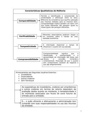 5
Características Qualitativas de Melhoria
Comparabilidade
Compreensibilidade
Tempestividade
Verificabilidade
As expectativas de investidores, credores por empréstimos
e outros credores em termos de retorno dependem da
avaliação destes quanto ao montante, à tempestividade e
às incertezas associados aos fluxos de caixa futuros de
entrada para a entidade.
E... o quão eficiente e efetivamente a administração tem
cumprido com suas responsabilidades no uso dos recursos
da entidade.
Permite a identificação e compreensão de
similaridades e diferenças entre os itens.
Diferente da consistência que significa aplicação
dos mesmos métodos para os mesmos itens.
Comparabilidade implica também em fazer com
que coisas diferentes não pareçam iguais ou
coisas iguais não pareçam diferentes.
A informação disponível a tempo de
influenciar o usuário em sua decisão.
Diferentes observadores poderem chegar a
um consenso sobre o retrato de uma
realidade econômica.
Compreensibilidade significa que a
classificação, a caracterização e a
apresentação da informação são feitas com
clareza e concisão, tornando-a
compreensível. Presunção de que o usuário
tem conhecimento razoável de negócios e
que age diligentemente.
Primariamente aos Seguintes Usuários Externos:
 Investidores
 Financiadores
 Outros credores
 Sem hierarquia
 