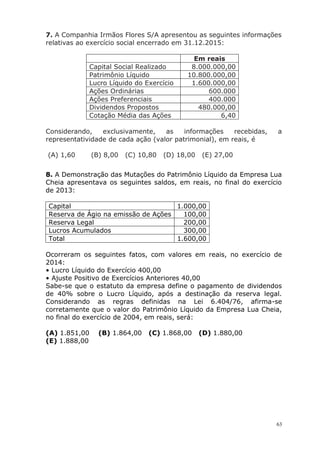63
7. A Companhia Irmãos Flores S/A apresentou as seguintes informações
relativas ao exercício social encerrado em 31.12.2015:
Em reais
Capital Social Realizado 8.000.000,00
Patrimônio Líquido 10.800.000,00
Lucro Líquido do Exercício 1.600.000,00
Ações Ordinárias 600.000
Ações Preferenciais 400.000
Dividendos Propostos 480.000,00
Cotação Média das Ações 6,40
Considerando, exclusivamente, as informações recebidas, a
representatividade de cada ação (valor patrimonial), em reais, é
(A) 1,60 (B) 8,00 (C) 10,80 (D) 18,00 (E) 27,00
8. A Demonstração das Mutações do Patrimônio Líquido da Empresa Lua
Cheia apresentava os seguintes saldos, em reais, no final do exercício
de 2013:
Capital 1.000,00
Reserva de Ágio na emissão de Ações 100,00
Reserva Legal 200,00
Lucros Acumulados 300,00
Total 1.600,00
Ocorreram os seguintes fatos, com valores em reais, no exercício de
2014:
• Lucro Líquido do Exercício 400,00
• Ajuste Positivo de Exercícios Anteriores 40,00
Sabe-se que o estatuto da empresa define o pagamento de dividendos
de 40% sobre o Lucro Líquido, após a destinação da reserva legal.
Considerando as regras definidas na Lei 6.404/76, afirma-se
corretamente que o valor do Patrimônio Líquido da Empresa Lua Cheia,
no final do exercício de 2004, em reais, será:
(A) 1.851,00 (B) 1.864,00 (C) 1.868,00 (D) 1.880,00
(E) 1.888,00
 