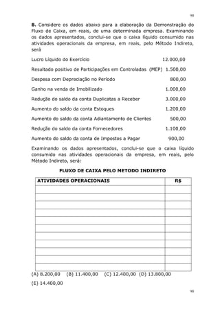 90
90
8. Considere os dados abaixo para a elaboração da Demonstração do
Fluxo de Caixa, em reais, de uma determinada empresa. Examinando
os dados apresentados, conclui-se que o caixa líquido consumido nas
atividades operacionais da empresa, em reais, pelo Método Indireto,
será
Lucro Líquido do Exercício 12.000,00
Resultado positivo de Participações em Controladas (MEP) 1.500,00
Despesa com Depreciação no Período 800,00
Ganho na venda de Imobilizado 1.000,00
Redução do saldo da conta Duplicatas a Receber 3.000,00
Aumento do saldo da conta Estoques 1.200,00
Aumento do saldo da conta Adiantamento de Clientes 500,00
Redução do saldo da conta Fornecedores 1.100,00
Aumento do saldo da conta de Impostos a Pagar 900,00
Examinando os dados apresentados, conclui-se que o caixa líquido
consumido nas atividades operacionais da empresa, em reais, pelo
Método Indireto, será:
FLUXO DE CAIXA PELO METODO INDIRETO
ATIVIDADES OPERACIONAIS R$
(A) 8.200,00 (B) 11.400,00 (C) 12.400,00 (D) 13.800,00
(E) 14.400,00
 