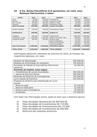 92
92
10. A Cia. Bacias Petrolíferas S/A apresentou, em reais, seus
Balanços Patrimoniais, a saber:
ATIVO 2014 2015 PASSIVO 2014 2015
Caixa 30.000 100.000 Fornecedores 120.000 180.000
Bancos 180.000 240.000 Impostos a Pagar 125.000 175.000
DR / Clientes 165.000 260.000 Salários a Pagar 90.000 100.000
Estoques 180.000 250.000 Dividendos a Pagar 150.000 175.000
Ativo Circulante 555.000 850.000 Passivo Circulante 485.000 630.000
Contas a Receber 200.000 200.000 Empréstimos a Pagar 250.000 200.000
Realizável LP 200.000 200.000 Exigível LP 250.000 200.000
Coligadas 600.000 750.000 Capital Social 1.800.000 2.600.000
Imobilizado Líquido 2.100.000 2.550.000 Reserva de Capital / Ágio 200.000 200.000
Intangível Líquido 200.000 250.000 Reserva Legal 170.000 196.250
Reserva Estatutária 150.000 202.500
Reserva Contingência 150.000 100.000
Lucros Acumulados 450.000 471.250
Ativo Permanente 2.900.000 3.550.000 Patrimônio Líquido 2.920.000 3.770.000
TOTAL ATIVO 3.655.000 4.600.000 TOTAL PASSIVO 3.655.000 4.600.000
Informações adicionais referentes ao exercício de 2015, já inclusas nos
respectivos balanços, em reais.
Despesa de Depreciação: 280.000,00
Despesa de Amortização do Intangível: 100.000,00
Resultado do Método de Equivalência Patrimonial
(positivo):
50.000,00
Aumento de Capital, como segue:
_ Transferência de Lucros Acumulados 300.000,00
_ Aporte de Recursos Novos 500.000,00
Reversão de Reservas de Contingências 100.000,00
Lucro Líquido do Exercício 525.000,00
Proposta da Diretoria para Distribuição do Lucro
Líquido
_ Reserva Legal 26.250,00
_ Reserva Estatutária 52.500,00
_ Reserva para Contingência 50.000,00
_ Dividendos 175.000,00
Com base nas informações acima, pode-se dizer que a empresa apurou:
a) Pelas Atividades Operacionais R$ 800.000,00
b) Pelas Atividades de Investimentos R$ 710.000
c) Pelas Atividades de Financiamentos R$ 175.000
d) Pelas Atividades de Investimentos R$ 980.000
e) Nenhuma das respostas anteriores
 
