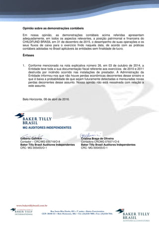 Rua Santa Rita Durão, 852 – 2º andar – Bairro Funcionários
CEP: 30140-111 – Belo Horizonte, MG – Tel. (31)3118-7800 e Fax: (31)3118-7816.
Opinião sobre as demonstrações contábeis
Em nossa opinião, as demonstrações contábeis acima referidas apresentam
adequadamente, em todos os aspectos relevantes, a posição patrimonial e financeira do
CHILDFUND BRASIL em 31 de dezembro de 2015, o desempenho de suas operações e os
seus fluxos de caixa para o exercício findo naquela data, de acordo com as práticas
contábeis adotadas no Brasil aplicáveis às entidades sem finalidade de lucro.
Ênfases
1. Conforme mencionado na nota explicativa número 26, em 03 de outubro de 2014, a
Entidade teve toda a sua documentação fiscal referente aos exercícios de 2010 e 2011
destruída por incêndio ocorrido nas instalações de prestador. A Administração da
Entidade informou-nos que não houve perdas econômicas decorrentes desse sinistro e
que é baixa a probabilidade de que sejam futuramente detectadas e mensuradas novas
perdas decorrentes desse assunto. Nossa opinião não está ressalvada com relação a
este assunto.
Belo Horizonte, 08 de abril de 2016.
MG AUDITORES INDEPENDENTES
Gilberto Galinkin
Contador – CRC/MG 035718/O-8
Baker Tilly Brasil Auditores Independentes
CRC- MG 005455/O-1
Cristina Braga de Oliveira
Contadora CRCMG 079371/O-6
Baker Tilly Brasil Auditores Independentes
CRC- MG 005455/O-1
 