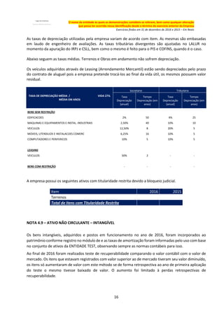 16
O nome da entidade às quais as demonstrações contábeis se referem, bem como qualquer alteração
que possa ter ocorrido nessa identificação desde o término do exercício anterior da Empresa
Exercícios findos em 31 de dezembro de 2016 e 2015 – Em Reais
As taxas de depreciação utilizadas pela empresa variam de acordo com item. As mesmas são embasadas
em laudo de engenheiro de avaliações. As taxas tributárias divergentes são ajustadas no LALUR no
momento da apuração do IRPJ e CSLL, bem como o mesmo é feito para o PIS e COFINS, quando é o caso.
Abaixo seguem as taxas médias. Terrenos e Obras em andamento não sofrem depreciação.
Os veículos adquiridos através de Leasing (Arrendamento Mercantil) estão sendo depreciados pelo prazo
do contrato de aluguel pois a empresa pretende trocá-los ao final da vida útil, os mesmos possuem valor
residual.
TAXA DE DEPRECIAÇÃO MÉDIA / VIDA ÚTIL
MÉDIA EM ANOS
Societário Tributário
Taxa
Depreciação
(anual)
Tempo
Depreciação (em
anos)
Taxa
Depreciação
(anual)
Tempo
Depreciação (em
anos)
BENS SEM RESTRIÇÃO
EDIFICACOES 2% 50 4% 25
MAQUINAS E EQUIPAMENTOS E INSTAL. INDUSTRAIS 2,50% 40 10% 10
VEICULOS 12,50% 8 20% 5
MOVEIS, UTENSILIOS E INSTALACOES COMERC 6,25% 16 10% 5
COMPUTADORES E PERIFERICOS 10% 5 10% 5
LEASING
VEICULOS 50% 2 - -
BENS COM RESTRIÇÃO - - - -
A empresa possui os seguintes ativos com titularidade restrita devido a bloqueio judicial.
Item 2016 2015
Terrenos
Total de Itens com Titularidade Restrita
NOTA 4.9 – ATIVO NÃO CIRCULANTE – INTANGÍVEL
Os bens intangíveis, adquiridos e postos em funcionamento no ano de 2016, foram incorporados ao
patrimônio conforme registro no módulo de e as taxas de amortização foram informadas pelo uso com base
no conjunto de ativos da ENTIDADE TEST, observando sempre as normas contábeis para isso.
Ao final de 2016 foram realizados teste de recuperabilidade comparando o valor contábil com o valor de
mercado. Os itens que estavam registrados com valor superior ao de mercado tiveram seu valor diminuído,
os itens só aumentaram de valor com este método se de forma retrospectiva ao ano de primeira aplicação
do teste o mesmo tivesse baixado de valor. O aumento foi limitado à perdas retrospectivas de
recuperabilidade.
 