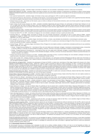 Embraer Representation LLC (ERL) - subsidiária integral, domiciliada em Delaware, tem como atividade a representação comercial e institucional da Companhia.
Embraer Spain Holding Co. SL (ESH) - subsidiária integral, domiciliada na Espanha, tem como objetivo coordenar os investimentos em subsidiárias no exterior, inclusive aquelas
voltadas às atividades de suporte à comercialização de aeronaves e gestão dos ativos provenientes dessas operações. As atividades da ESH são operacionalizadas por suas seguintes
subsidiárias:
• ECC Investment Switzerland AG - subsidiária integral, domiciliada na Suíça, possui participação de 100% no capital das seguintes subsidiárias:
• ECC Insurance & Finance Co. (ECC Insurance) - domiciliada nas Ilhas Cayman, é uma Companhia cativa de seguros que tem por objetivo cobrir as garantias ﬁnanceiras oferecidas
  aos clientes e/ou agentes ﬁnanciadores envolvidos nas estruturas de vendas de aeronaves da Companhia.
• Embraer Finance Ltd. (EFL) - domiciliada nas Ilhas Cayman, apoia os clientes na obtenção de ﬁnanciamentos de terceiros, assim como fornece suporte em algumas atividades
  de compra e venda da Companhia.
• Harbin Embraer Aircraft Industry Company Ltd. (HEAI) - subsidiária consolidada integralmente pelo grupo Embraer, com participação da Embraer Spain Holding Co. SL de
  51% no capital social, tem sede na Cidade de Harbin, China. Com operações iniciadas em 2002 e destinada a fabricar aeronaves visando atender às demandas do mercado
  de transporte aéreo da China, teve sua operação redirecionada para a fabricação de jatos executivos Legacy 600/650 a partir da assinatura de acordo com líderes do Governo
  Chinês em junho de 2012.
Embraer Netherlands B.V. (ENL) - subsidiária integral domiciliada na Holanda tem como principal objetivo coordenar os investimentos em subsidiárias no exterior, inclusive aquelas
voltadas às atividades de suporte à comercialização de aeronaves e gestão dos ativos provenientes dessas operações. As atividades da ENL são operacionalizadas pelas subsidiárias:
• Embraer Asia Paciﬁc PTE. Ltd. (EAP) - domiciliada em Singapura, tem como atividade a prestação de serviços e suporte pós-venda na Ásia.
• Airholding SGPS S.A. - subsidiária integral, domiciliada em Portugal, tem como atividade preponderante a participação em 65% do capital votante da OGMA - Indústria
  Aeronáutica de Portugal S.A. (OGMA), uma companhia portuguesa de manutenção e produção aeronáutica que também tem como acionista Empresa Portuguesa de Defesa -
  EMPORDEF, com 35% do capital votante.
• ECC Leasing Co. Ltd. (ECC Leasing) - subsidiária integral, domiciliada em Dublin, na Irlanda, cujas atividades são arrendamento e comercialização de aeronaves usadas.
• Embraer CAE Training Services Ltd. (ECUK) - subsidiária com participação da ENL de 51% no capital social, domiciliada em Burges Hill, Reino Unido, tem como objetivo prestar
  serviço de treinamento de pilotos, mecânicos e tripulação.
• Embraer Portugal - SGPS S.A. - subsidiária integral, domiciliada em Évora, Portugal, tem como objetivo coordenar os investimentos e atividades econômicas em suas subsidiárias
  integrais naquele país, como segue:
  • Embraer - Portugal Estruturas Metálicas S.A. - domiciliada em Évora, tem como objeto social a fabricação, montagem, manutenção e comercialização de peças, componentes
    e conjuntos metálicos e a execução de outras atividades tecnológicas, industriais, comerciais e de serviços relacionados à indústria de produtos metálicos.
  • Embraer - Portugal Estruturas em Compósitos S.A. - domiciliada em Évora, tem como objeto social a fabricação, montagem e comercialização de estruturas a partir de peças
    e conjuntos em materiais compostos e a execução de outras atividades tecnológicas, industriais, comerciais e de serviços relacionados à indústria de produtos fabricados com
    materiais compostos e não metálicos.
• Embraer (China) Aircraft Technical Services Co. Ltd. (ECA) - subsidiária integral, domiciliada na China, na província de Beijing, tem como atividade a prestação de serviços de
  suporte pós-venda, manutenção e comercialização de peças e componentes a clientes na China.
• EZ Air Interior Limited. (EZ) - entidade controlada em conjunto com a Zodiac Aerospace, com participação da Embraer Netherlands de 50% do capital social. Domiciliada na
  Irlanda, foi constituída em julho de 2012 e tem o objetivo de fabricar componentes de interiores da cabine da família de jatos EMBRAER 170/190 e será operada conjuntamente
  com uma fábrica localizada no México.
ECC do Brasil Cia. de Seguros (ECC) - subsidiária com participação da Embraer de 99,99% no capital social, domiciliada em Porto Alegre, Estado do Rio Grande do Sul, Brasil,
registrada na Superintendência de Seguros Privados - SUSEP tem o objetivo de operar unicamente em seguros de crédito à exportação. Em 2007, o Conselho de Administração
                                                            ,
da Embraer aprovou a intenção de alienação da totalidade de suas ações. Em 2009, a Embraer celebrou contrato de venda da totalidade das ações, com condição suspensiva de
aprovação do negócio pela SUSEP Em abril de 2011, a SUSEP indeferiu a solicitação do pedido de transferência de controle em função de o comprador não atender a determinados
                                  .
requisitos e orientou que ele ingressasse com novo procedimento administrativo de aprovação prévia, atendendo aos tópicos que não foram atendidos no processo inicial. Apesar
de o novo processo ter sido protocolado junto à SUSEP em setembro de 2012 a Embraer rescindiu o referido contrato de venda.
                                                      ,
Indústria Aeronáutica Neiva Ltda. (Neiva) - subsidiária com participação da Embraer de 99,99% no capital social, localizada em Botucatu, Estado de São Paulo, Brasil. Atualmente
envolvida na comercialização de aeronaves agrícolas, bem como de suas peças de reposição.
Embraer Defesa e Segurança Participações S.A. (EDSP) - subsidiária integral domiciliada em São José dos Campos, Estado de São Paulo, Brasil, tem como objetivo coordenar os
investimentos no segmento de Defesa e Segurança por meio da participação nas seguintes companhias:
• Orbisat Indústria S.A. (Orbisat) - domiciliada em São José dos Campos, Estado de São Paulo, Brasil, com participação da Embraer Defesa e Segurança de 90% do capital
  social, tem como atividades desenvolver tecnologia de última geração para aplicação em sensoriamento remoto e construção de radares de vigilância aérea, marítima e terrestre.
• Atech Negócios em Tecnologia S.A. (Atech) - entidade controlada em conjunto, com participação da Embraer Defesa e Segurança de 50% do capital social, domiciliada em
  São Paulo, Brasil. Atualmente desenvolve soluções estratégicas de comando, controle, comunicações, computadores e inteligência e disponibiliza serviços de consultoria
  especializada e suporte técnico e logístico, atuando em todas as fases do projeto: conceituação, especiﬁcação, desenvolvimento, integração, gerenciamento da implantação,
  instalação, testes, manutenção e treinamento.
• Harpia Sistemas S.A. (Harpia) - com sede em Brasília, Brasil, foi constituída por meio de parceria entre a subsidiária Embraer Defesa e Segurança Participações S.A. e a AEL
  Sistemas (subsidiária da Elbit Systems Ltd. de Israel) com 51% e 49% respectivamente, de participação no capital, sendo uma controlada consolidada integralmente pelo grupo.
  Tem como atividade principal o desenvolvimento, a construção, a comercialização e a prestação de serviços pós-vendas de manutenção e modernização de veículos aéreos não
  tripulados (VANTs). A Harpia também atuará em atividades de marketing, desenvolvimento, integração de sistemas, fabricação, vendas e suporte pós-vendas de simuladores e
  a modernização de sistemas aviônicos. Em 31 de dezembro de 2012, esta empresa ainda não se encontrava em operação.
• Visiona Tecnologia Espacial S.A. (Visiona) - com sede em São José dos Campos, Estado de São Paulo, Brasil, tem participação da Embraer Defesa e Segurança e da Telebrás, com
  51% e 49%, respectivamente, de participação no capital social, sendo uma controlada consolidada integralmente pelo grupo. Constituída em maio de 2012, atuará inicialmente
  no Satélite Geoestacionário Brasileiro, que visa atender as necessidades de comunicação satelital do Governo Federal, incluindo o Programa Nacional de Banda Larga e um
  amplo espectro de transmissões estratégicas de defesa.
• SAVIS Tecnologia e Sistemas S.A. (SAVIS) - constituída em junho de 2012, com sede em Campinas, Estado de São Paulo, é uma subsidiária integral da Embraer Defesa e
  Segurança e tem como objetivo atuar nas atividades de defesa e segurança junto ao Governo Brasileiro.
Entidades de propósito especíﬁco (EPEs) - a Companhia estrutura algumas de suas transações de ﬁnanciamento de vendas de aeronaves por meio de EPEs, sobre as quais não
detém participação societária, direta ou indiretamente. Mesmo não possuindo vínculo societário, a Companhia detém o controle das operações ou participa de forma majoritária
dos riscos e benefícios de algumas dessas EPEs, consolidando, desta forma, essas EPEs nas suas demonstrações ﬁnanceiras. As EPEs consolidadas são: PM Limited, Reﬁne Inc.,
RS Limited, River One Ltd. e Table Inc. As EPEs nas quais a Embraer não ﬁgura como controladora não são consolidadas, com base em fundamentos e análises técnicas realizadas
pela Administração. Outras estruturas envolvendo EPEs podem ser utilizadas, no entanto, mesmo não possuindo controle sobre suas operações, a Companhia efetua uma análise
dos riscos que eventualmente essas EPEs possam representar, divulgando-os caso sejam representativos. Exceto pelas EPEs citadas, a Companhia não possui riscos signiﬁcativos
atribuídos a outras operações estruturadas envolvendo EPEs.
Consórcio Tepro - Entidade constituída em outubro de 2012 por Savis Tecnologia e Sistemas S.A. e Orbisat Indústria S.A., empresas controladas pela Embraer Defesa e Segurança,
assinou contrato em novembro de 2012 com o Exército Brasileiro para implementar a primeira fase do Sistema Integrado de Monitoramento de Fronteiras (Sisfron) para o
desenvolvimento de determinadas atividades. Com sede na cidade de Campinas - SP representa uma proporção de 93,5 % da Savis e 6,5 % da Orbisat, com início de operação
prevista para o primeiro trimestre de 2013.
Fundos de investimentos exclusivos (FIE) - em consonância com suas estratégias de negócios, a Companhia possui fundos de investimentos exclusivos, os quais estão consolidados
nas demonstrações ﬁnanceiras. Os títulos e investimentos mobiliários mantidos por meio desses fundos são registrados nas rubricas caixa e equivalentes de caixa ou investimentos
ﬁnanceiros, considerando os vencimentos originais dos títulos e as estratégias de investimento dos fundos, que prevêem a negociação desses títulos em prazos que caracterizam
a liquidez imediata dos valores (Notas 5 e 6).
2.1.3. Demonstrações ﬁnanceiras da Controladora
As demonstrações ﬁnanceiras da Controladora foram preparadas de acordo com as práticas contábeis adotadas no Brasil, com base na Lei das Sociedades por Ações, nos
Pronunciamentos, Interpretações e Orientações emitidos pelo CPC e aprovados pelo Conselho Federal de Contabilidade e normativos complementares da CVM, conforme dispositivo
da Lei Societária estas demonstrações ﬁnanceiras devem ser apresentadas em conjunto com as demonstrações ﬁnanceiras consolidadas.



                                                                                                                                                                          19
 