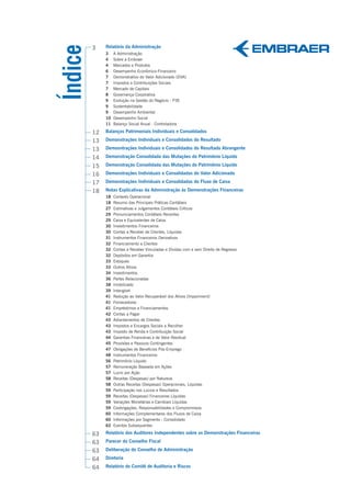 Índice
         3    Relatório da Administração
              3    A Administração
              4    Sobre a Embraer
              4    Mercados e Produtos
              6    Desempenho Econômico-Financeiro
              7    Demonstrativo do Valor Adicionado (DVA)
              7    Impostos e Contribuições Sociais
              7    Mercado de Capitais
              8    Governança Corporativa
              9    Evolução na Gestão do Negócio - P3E
              9    Sustentabilidade
              9    Desempenho Ambiental
              10   Desempenho Social
              11   Balanço Social Anual - Controladora

         12   Balanços Patrimoniais Individuais e Consolidados

         13   Demonstrações Individuais e Consolidados do Resultado

         13   Demosntrações Individuais e Consolidados do Resultado Abrangente

         14   Demonstração Consolidada das Mutações do Patrimônio Líquido

         15   Demonstração Consolidada das Mutações do Patrimônio Líquido

         16   Demonstrações Individuais e Consolidadas do Valor Adicionado

         17   Demonstrações Individuais e Consolidadas do Fluxo de Caixa

         18   Notas Explicativas da Administração às Demonstrações Financeiras
              18   Contexto Operacional
              18   Resumo das Principais Práticas Contábeis
              27   Estimativas e Julgamentos Contábeis Críticos
              29   Pronunciamentos Contábeis Recentes
              29   Caixa e Equivalentes de Caixa
              30   Investimentos Financeiros
              30   Contas a Receber de Clientes, Líquidas
              31   Instrumentos Financeiros Derivativos
              32   Financiamento a Clientes
              32   Contas a Receber Vinculadas e Dívidas com e sem Direito de Regresso
              32   Depósitos em Garantia
              33   Estoques
              33   Outros Ativos
              34   Investimentos
              36   Partes Relacionadas
              38   Imobilizado
              39   Intangível
              41   Redução ao Valor Recuperável dos Ativos (Impairment)
              41   Fornecedores
              41   Empréstimos e Financiamentos
              42   Contas a Pagar
              43   Adiantamentos de Clientes
              43   Impostos e Encargos Sociais a Recolher
              43   Imposto de Renda e Contribuição Social
              44   Garantias Financeiras e de Valor Residual
              45   Provisões e Passivos Contingentes
              47   Obrigações de Benefícios Pós-Emprego
              48   Instrumentos Financeiros
              56   Patrimônio Líquido
              57   Remuneração Baseada em Ações
              57   Lucro por Ação
              58   Receitas (Despesas) por Natureza
              58   Outras Receitas (Despesas) Operacionais, Líquidas
              59   Participação nos Lucros e Resultados
              59   Receitas (Despesas) Financeiras Líquidas
              59   Variações Monetárias e Cambiais Líquidas
              59   Coobrigações, Responsabilidades e Compromissos
              60   Informações Complementares dos Fluxos de Caixa
              60   Informações por Segmento - Consolidado
              62   Eventos Subsequentes

         63   Relatório dos Auditores Independentes sobre as Demonstrações Financeiras

         63   Parecer do Conselho Fiscal

         63   Deliberação do Conselho de Administração

         64   Diretoria

         64   Relatório do Comitê de Auditoria e Riscos
 
