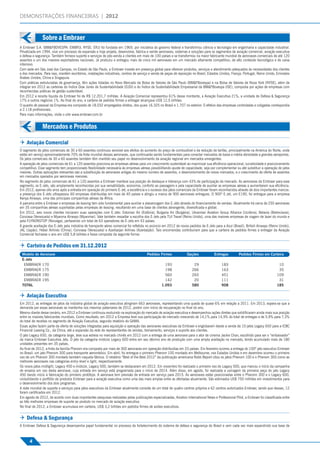 DEMONSTRAÇÕES FINANCEIRAS | 2012
Sobre a Embraer




                                     Sobre a Embraer
                      A Embraer S.A. (BM&FBOVESPA: EMBR3; NYSE: ERJ) foi fundada em 1969, por iniciativa do governo federal e transformou ciência e tecnologia em engenharia e capacidade industrial.
                      Privatizada em 1994, vive um processo de expansão e hoje projeta, desenvolve, fabrica e vende aeronaves, sistemas e soluções para os segmentos de aviação comercial, aviação executiva
                      e defesa e segurança. Também fornece suporte e serviços de pós-venda a clientes em mais de 100 países e se transformou na maior fabricante mundial de aeronaves comerciais de até 120
                      assentos e um dos maiores exportadores nacionais. Já produziu e entregou mais de cinco mil aeronaves em um mercado altamente competitivo, de alto conteúdo tecnológico e de caixa
                      intensivo.
                      Com sede em São José dos Campos, no Estado de São Paulo, a Embraer investe em presença global para oferecer produtos, serviços e atendimento adequados às necessidades dos clientes
                      e dos mercados. Para isso, mantém escritórios, instalações industriais, centros de serviço e venda de peças de reposição no Brasil, Estados Unidos, França, Portugal, Reino Unido, Emirados
                      Árabes Unidos, China e Singapura.
                      Com práticas estruturadas de governança, têm ações listadas no Novo Mercado da Bolsa de Valores de São Paulo (BM&FBovespa) e na Bolsa de Valores de Nova York (NYSE), além de
                      integrar em 2012 as carteiras do Índice Dow Jones de Sustentabilidade (DJSI) e do Índice de Sustentabilidade Empresarial da BM&FBovespa (ISE), composta por ações de empresas com
                      reconhecidas práticas de gestão sustentável.
                      Em 2012 a receita líquida da Embraer foi de R$ 12.201,7 milhões. A Aviação Comercial representou 61% desse montante, a Aviação Executiva 21%, a unidade de Defesa & Segurança
                      17% e outros negócios 1%. Ao ﬁnal do ano, a carteira de pedidos ﬁrmes a entregar alcançava US$ 12,5 bilhões.
                      O quadro de pessoal da Empresa era composto de 18.032 empregados diretos, dos quais 16.325 no Brasil e 1.707 no exterior. O efetivo das empresas controladas e coligadas correspondia
                      a 2.118 proﬁssionais.
                      Para mais informações, visite o site www.embraer.com.br


                                     Mercados e Produtos
Mercados e Produtos




                       Aviação Comercial
                      O segmento de jatos comerciais de 30 a 60 assentos continuou sensível aos efeitos do aumento do preço de combustível e da redução de tarifas, principalmente na América do Norte, onde
                      estão em serviço aproximadamente 70% da frota mundial dessas aeronaves, que continuarão sendo fundamentais para conectar mercados de baixa e média densidade a grandes aeroportos.
                      Os jatos comerciais de 30 a 60 assentos também têm mantido seu papel no desenvolvimento da aviação regional em mercados emergentes.
                      A operação de jatos comerciais de 61 a 120 assentos posiciona as empresas aéreas para um crescimento sustentável ao maximizar sua eﬁciência operacional, lucratividade e posicionamento
                      competitivo. Esse segmento tem proporcionado ﬂexibilidade necessária às empresas aéreas possibilitando ajuste de capacidade, seja por complementar ou até substituir a operação de jatos
                      maiores. Outras aplicações relevantes são a substituição de aeronaves antigas do mesmo número de assentos, o desenvolvimento de novos mercados, e o crescimento de oferta de assentos
                      em mercados operados por aeronaves menores.
                      No segmento de jatos comerciais de 61 a 120 assentos a Embraer manteve sua posição de destaque e liderança com 43% de participação de mercado. As aeronaves da Embraer para esse
                      segmento, os E-Jets, são amplamente reconhecidas por sua versatilidade, economia, conforto ao passageiro e pela capacidade de auxiliar as empresas aéreas a aumentarem sua eﬁciência.
                      Em 2012, apenas oito anos após a entrada em operação do primeiro E-Jet, a excelência e o sucesso dos jatos comerciais da Embraer foram reconhecidos através de dois importantes marcos:
                      a presença dos E-Jets ultrapassou 60 empresas distribuídas em mais de 40 países e atingiu a marca de 900 aeronaves entregues. O 900º E-Jet, um E190, foi entregue para a empresa
                      Kenya Airways, uma das principais companhias aéreas da África.
                      A parceria entre a Embraer e empresas de leasing tem sido fundamental para auxiliar a alavancagem dos E-Jets através do ﬁnanciamento de vendas. Atualmente há cerca de 250 aeronaves
                      em 35 companhias aéreas suportadas pelas empresas de leasing, resultando em uma base de clientes abrangente, diversiﬁcada e global.
                      Em 2012, seis novos clientes iniciaram suas operações com E-Jets: Estonian Air (Estônia), Bulgaria Air (Bulgária), Ukrainian Aviation Group Alliance (Ucrânia), Belavia (Bielorússia),
                      Conviasa (Venezuela) e Myanma Airways (Myanmar). Vale também ressaltar a escolha dos E-Jets pela TUI Travel (Reino Unido), uma das maiores empresas de viagem de lazer do mundo e
                      pela FLYNONSTOP (Noruega), perfazendo um total de 63 operadores de E-Jets em 43 países.
                      A grande aceitação dos E-Jets pela indústria de transporte aéreo comercial foi reﬂetida no anúncio em 2012 de novos pedidos de E-Jets para a Azul (Brasil), British Airways (Reino Unido),
                      JAL (Japão), Hebei Airlines (China), Conviasa (Venezuela) e Azerbaijan Airlines (Azerbaijão). Tais encomendas contribuíram para que a carteira de pedidos ﬁrmes a entregar da Aviação
                      Comercial fechasse o ano em US$ 5,8 bilhões e fosse composta da seguinte forma:


                       Carteira de Pedidos em 31.12.2012
                       Modelo de Aeronave                                                                     Pedidos Firmes             Opções             Entregas         Pedidos Firmes em Carteira
                       E-Jets
                        EMBRAER 170                                                                                       193                 29                 183                                     10
                        EMBRAER 175                                                                                       198                266                 163                                     35
                        EMBRAER 190                                                                                       560                265                 451                                    109
                        EMBRAER 195                                                                                       142                 20                 111                                     31
                       TOTAL                                                                                            1.093                580                 908                                    185

                       Aviação Executiva
                      Em 2012, as entregas de jatos da indústria global de aviação executiva atingiram 663 aeronaves, representando uma queda de quase 6% em relação a 2011. Em 2013, espera-se que a
                      demanda por essas aeronaves se mantenha nos mesmos patamares de 2012, porém com início de recuperação no ﬁnal do ano.
                      Mesmo diante desse cenário, em 2012 a Embraer continuou evoluindo na exploração do mercado de aviação executiva e desempenhou ações diretas que solidiﬁcaram ainda mais sua posição
                      entre os maiores fabricantes mundiais. Como resultado, em 2012 a Empresa teve sua participação de mercado crescendo de 14,1% para 14,9% do total de entregas e de 5,9% para 7,3%
                      do total de receitas no segmento de Aviação Executiva, segundo relatório do GAMA.
                      Essas ações fazem parte da oferta de soluções integradas para aquisição e operação das aeronaves executivas da Embraer e englobaram desde a venda de 10 jatos Legacy 650 para a ICBC
                      Financial Leasing Co., da China, até a expansão da rede de representantes de vendas, treinamento, serviços e suporte aos clientes.
                      O jato Legacy 650, da categoria large, teve sua estreia no mercado chinês em 2012 com a entrega de uma aeronave para o ator de cinema Jackie Chan, escolhido para ser o “embaixador”
                      da marca Embraer Executive Jets. O jato da categoria midsize Legacy 600 entra em seu décimo ano de produção com uma ampla aceitação no mercado, tendo acumulado mais de 180
                      unidades presentes em 35 países.
                      Ao ﬁnal de 2012, a frota da família Phenom era composta por mais de 300 aeronaves em operação distribuídas em 33 países. Em fevereiro ocorreu a entrega do 100º jato executivo Embraer
                      no Brasil: um jato Phenom 300 para transporte aeromédico. Em abril, foi entregue o primeiro Phenom 100 montado em Melbourne, nos Estados Unidos e em dezembro ocorreu o primeiro
                      voo de um Phenom 300 montado também naquela fábrica. O relatório “Best of the Best 2012” da publicação americana Robb Report citou os jatos Phenom 100 e o Phenom 300 como as
                      melhores aeronaves nas categorias entry-level e light, respectivamente.
                      Os novos jatos midlight, Legacy 450 e midsize, Legacy 500, também se destacaram em 2012. Em novembro foi realizado o primeiro voo do Legacy 500, que marcou o início da campanha
                      de ensaios em voo desta aeronave, cuja entrada em serviço está programada para o início de 2014. Além disso, em agosto, foi realizada a usinagem da primeira peça do jato Legacy
                      450 dando início à fabricação do primeiro protótipo. A aeronave tem previsão de entrada em serviço para 2015. As aeronaves estão posicionadas entre o Phenom 300 e o Legacy 600,
                      consolidando o portfólio de produtos Embraer para a aviação executiva como uma das mais amplas entre as ofertadas atualmente. São estimados US$ 750 milhões em investimentos para
                      o desenvolvimento dos dois programas.
                      A rede mundial de suporte e serviços para jatos executivos da Embraer atualmente consiste de um total de quatro centros próprios e 62 centros autorizados Embraer, sendo que desses, 12
                      foram certiﬁcados em 2012.
                      Em agosto de 2012, de acordo com duas importantes pesquisas realizadas pelas publicações especializadas, Aviation International News e Professional Pilot, a Embraer foi classiﬁcada entre
                      as três melhores empresas de suporte ao produto no mercado de aviação executiva.
                      No ﬁnal de 2012, a Embraer acumulava em carteira, US$ 3,2 bilhões em pedidos ﬁrmes de aviões executivos.


                       Defesa & Segurança
                      A Embraer Defesa & Segurança desempenha papel fundamental no processo de fortalecimento do sistema de defesa e segurança do Brasil e vem cada vez mais expandindo sua base de



                            4
 