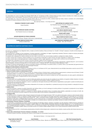 DEMONSTRAÇÕES FINANCEIRAS | 2012



                                               DIRETORIA


                                            Em conformidade com o inciso V do artigo 25 da Instrução CVM Nº 480, de 7 de dezembro de 2009, a Diretoria declara que revisou, discutiu e concordou com o relatório dos auditores
                                            independentes sobre as Demonstrações Financeiras da Companhia referentes ao exercício ﬁndo em 31 de dezembro de 2012.
                                            Em conformidade com o inciso VI do artigo 25 da Instrução CVM Nº 480, de 7 de dezembro de 2009, a Diretoria declara que revisou, discutiu e concordou com as Demonstrações
                                            Financeiras da Companhia referentes ao exercício ﬁndo em 31 de dezembro de 2012.
                                                                                                             São José dos Campos, 11 de março de 2013
Diretoria




                                                                  FREDERICO PINHEIRO FLEURY CURADO                                                                    JOSÉ ANTONIO DE ALMEIDA FILIPPO
                                                                                 Diretor-Presidente                                                       Vice Presidente Executivo Financeiro e Relação com Investidores
                                                                                                                                                                                   FLÁVIO RÍMOLI
                                                                                                                                                                  Vice Presidente Executivo de Serviços Corporativos
                                                                   ARTUR APARECIDO VALÉRIO COUTINHO                                                                     LUIZ CARLOS SIQUEIRA AGUIAR
                                                                     Vice-Presidente Executivo de Operações                                                Vice-Presidente Executivo de Negócios de Defesa e Segurança
                                                                                                                                                                              MAURO KERN JUNIOR
                                                                                                                                                                Vice-Presidente Executivo de Engenharia e Técnologia
                                                                JACKSON MEDEIROS DE FARIAS SCHNEIDER                                                                    PAULO CESAR DE SOUZA E SILVA
                                               Vice-Presidente Executivo de Pessoas, Relações Institucionais e Sustentabilidade                             Vice Presidente Executivo de Negócios de Aviação Comercial
                                                                      ELAINE MARIA DE SOUZA FUNO                                                                     JOÃO FRANCISCO PENZINGER ARANTES
                                                                           Diretora Contábil-ﬁscal                                                                       Contador - CRC 1SP177673/O-3



                                               RELATÓRIO DO COMITÊ DE AUDITORIA E RISCOS


                                            De acordo com o estabelecido em seu Regimento Interno, compete ao Comitê de Auditoria e Riscos da Embraer S.A. (“Comitê” e “Embraer”) assessorar o Conselho de Administração com
RELATÓRIO DO COMITÊ DE AUDITORIA E RISCOS




                                            foco nos seguintes assuntos:
                                            (a) acompanhamento e avaliação de riscos empresariais, de natureza operacional, mercadológica, de imagem, de governança corporativa, ﬁnanceira ou legal dos mercados administrados
                                            pela Companhia, por meio do diagnóstico das fontes de risco das atividades da Companhia;
                                            (b) avaliação sobre a adequação dos modelos de aferição dos riscos citados no item acima, bem como dos testes de aderência e validação dos modelos utilizados;
                                            (c) análise e opinião sobre as diretrizes e políticas da gestão de risco, principalmente na estimação do impacto ﬁnanceiro das perdas inesperadas em situação normal e de estresse;
                                            (d) análise e opinião sobre as informações gerenciais e contábeis divulgadas ao público e órgãos reguladores no que tange ao perﬁl e controle de risco da Companhia; e
                                            (e) avaliação sobre a adequação dos recursos humanos e ﬁnanceiros destinados à gestão de riscos da organização.
                                            Além disso, o Comitê exerce as funções de (i) Comitê de Auditoria (Audit Committee) para os ﬁns da legislação norte-americana, especialmente o “Sarbanes-Oxley Act”, e de (ii) Comitê de
                                            Auditoria Estatutário, nos termos da Instrução 509, de 16 de novembro de 2011 (“Instrução CVM 509”), da Comissão de Valores Mobiliários (“CVM”).
                                            As funções do Comitê são desempenhadas com base nas informações recebidas da Administração, dos auditores externos, da auditoria interna e dos responsáveis pelo gerenciamento de
                                            riscos e de controles internos e pela elaboração das demonstrações ﬁnanceiras.
                                            Atividades do Comitê referentes ao Exercício de 2012
                                            O Comitê reuniu-se 9 (nove) vezes no período de 15 de fevereiro de 2012 a 21 de fevereiro de 2013, para o desenvolvimento de suas atividades relacionadas ao exercício social de 2012,
                                            quando foram avaliados e analisados os temas relacionados abaixo:
                                            1. Sistema de Controles Internos e de Administração de Riscos
                                                Durante o exercício de 2012 o Comitê avaliou, em reuniões com a Diretoria de Riscos e Controles Internos, aspectos relativos ao gerenciamento e controle de riscos da Embraer. O Comitê
                                                acompanhou também, em reuniões com a Diretoria de Compliance, a implementação do Embraer Enhanced Compliance Program.
                                                O Comitê de Auditoria, com base nas informações trazidas ao seu conhecimento, registra como positivos os esforços que vêm sendo desenvolvidos com vistas a garantir a efetividade dos
                                                sistemas de controle interno e de gerenciamento de riscos da Companhia.
                                            2. Auditoria Externa
                                                O Comitê mantém com os auditores externos um canal de interlocução periódica para ampla discussão dos resultados de seus trabalhos e de aspectos contábeis relevantes, de maneira
                                                que permita aos seus membros fundamentar opinião acerca da integridade das demonstrações contábeis e relatórios ﬁnanceiros.
                                                O Comitê avalia como plenamente satisfatórios o volume e a qualidade das informações fornecidas pela KPMG Auditores Independentes as quais apoiam a opinião do Comitê acerca da
                                                integridade das demonstrações ﬁnanceiras.
                                                O Comitê acompanhou as atividades de auditoria externa independente a ﬁm de avaliar a sua independência, a qualidade dos serviços dos serviços prestados e a adequação dos serviços
                                                prestados às necessidades da Companhia.
                                            3. Auditoria Interna
                                                O Comitê acompanhou o processo de auditoria desenvolvido pela Auditoria Interna, por meio da realização de reuniões periódicas e da aprovação do planejamento de seus trabalhos
                                                relativos ao exercício de 2012 e do acompanhamento de sua execução.
                                                O Comitê avalia positivamente a cobertura e a qualidade dos trabalhos realizados pela Auditoria Interna. Os resultados desses trabalhos, apresentados nas reuniões do Comitê, não
                                                trouxeram ao conhecimento do Comitê a existência de riscos que possam afetar de forma relevante a sustentabilidade da Companhia.
                                            4. Investigação FCPA
                                                Em setembro de 2010, a Companhia recebeu intimação (subpoena) da Securities and Exchange Commission (“SEC”) com pedido de informações a respeito de certas transações relativas
                                                à venda de aeronaves no exterior. Em resposta à intimação (subpoena) da SEC e outros pedidos de informações relacionadas à possibilidade de não conformidade com a lei americana
                                                de práticas estrangeiras de corrupção (Foreign Corrupt Practices Act – FCPA), a Companhia contratou advogados externos para realizar investigação interna em determinadas operações
                                                realizadas em outros países. A investigação está em andamento e, durante o exercício de 2012, no cumprimento e suas atribuições, o Comitê manteve-se constantemente informado sobre
                                                esse assunto, realizando reuniões com o escritório externo contratado, com os auditores externos e reportando suas análises e opiniões ao Conselho de Administração.
                                            5. Demonstrações Financeiras Individuais e Consolidadas
                                                O Comitê analisou os procedimentos que envolvem o processo de preparação dos balancetes e balanços, individuais e consolidados, das notas explicativas e relatórios ﬁnanceiros publicados em
                                                conjunto com as demonstrações ﬁnanceiras da Companhia. A respeito, debateu com a KPMG Auditores Independentes referente às informações referentes ao 2º, 3º e 4º trimestres de 2012 e
                                                com a PricewaterhouseCoopers em relação ao 1º trimestre de 2012 e com executivos da Companhia. Foram, igualmente, examinadas as práticas contábeis relevantes utilizadas pela Embraer na
                                                elaboração das demonstrações contábeis. Veriﬁcou-se que estão de acordo com as práticas contábeis adotadas no Brasil e com as normas internacionais de relatório ﬁnanceiro (IFRS).
                                            6. Recomendações
                                                Ao longo do exercício de 2012, o Comitê reportou periodicamente ao Conselho de Administração sobre o andamento de seus trabalhos, expondo opiniões sobre diversos assuntos de sua
                                                competência.
                                            7. Parecer sobre as Demonstrações Financeiras Individuais e Consolidadas - 31.12.2012
                                                O Comitê de Auditoria recomenda a aprovação pelo Conselho de Administração das demonstrações ﬁnanceiras da Companhia para a data-base de 31.12.2012.

                                                                                                                  São José dos Campos, 11 de março de 2013

                                                  Sergio Eraldo de Salles Pinto                       Israel Vainboim                         Samir Zraick                   Vitor Paulo Camargo Gonçalves
                                                     Coordenador do Comitê                  Membro do Comitê de Auditoria e Riscos Membro do Comitê de Auditoria e Riscos Membro do Comitê de Auditoria e Riscos
                                                      de Auditoria e Riscos



                                                 64
 