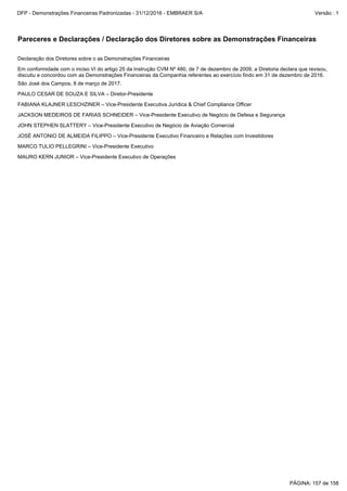 JOHN STEPHEN SLATTERY – Vice-Presidente Executivo de Negócio de Aviação Comercial
JACKSON MEDEIROS DE FARIAS SCHNEIDER – Vice-Presidente Executivo de Negócio de Defesa e Segurança
JOSÉ ANTONIO DE ALMEIDA FILIPPO – Vice-Presidente Executivo Financeiro e Relações com Investidores
MAURO KERN JUNIOR – Vice-Presidente Executivo de Operações
MARCO TULIO PELLEGRINI – Vice-Presidente Executivo
Declaração dos Diretores sobre o as Demonstrações Financeiras
FABIANA KLAJNER LESCHZINER – Vice-Presidente Executiva Jurídica & Chief Compliance Officer
Em conformidade com o inciso VI do artigo 25 da Instrução CVM Nº 480, de 7 de dezembro de 2009, a Diretoria declara que revisou,
discutiu e concordou com as Demonstrações Financeiras da Companhia referentes ao exercício findo em 31 de dezembro de 2016.
PAULO CESAR DE SOUZA E SILVA – Diretor-Presidente
São José dos Campos, 8 de março de 2017.
Pareceres e Declarações / Declaração dos Diretores sobre as Demonstrações Financeiras
PÁGINA: 157 de 158
DFP - Demonstrações Financeiras Padronizadas - 31/12/2016 - EMBRAER S/A Versão : 1
 
