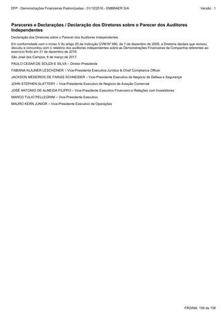 JOHN STEPHEN SLATTERY – Vice-Presidente Executivo de Negócio de Aviação Comercial
JACKSON MEDEIROS DE FARIAS SCHNEIDER – Vice-Presidente Executivo de Negócio de Defesa e Segurança
JOSÉ ANTONIO DE ALMEIDA FILIPPO – Vice-Presidente Executivo Financeiro e Relações com Investidores
MAURO KERN JUNIOR – Vice-Presidente Executivo de Operações
MARCO TULIO PELLEGRINI – Vice-Presidente Executivo
Declaração dos Diretores sobre o Parecer dos Auditores Independentes
FABIANA KLAJNER LESCHZINER – Vice-Presidente Executiva Jurídica & Chief Compliance Officer
Em conformidade com o inciso V do artigo 25 da Instrução CVM Nº 480, de 7 de dezembro de 2009, a Diretoria declara que revisou,
discutiu e concordou com o relatório dos auditores independentes sobre as Demonstrações Financeiras da Companhia referentes ao
exercício findo em 31 de dezembro de 2016.
PAULO CESAR DE SOUZA E SILVA – Diretor-Presidente
São José dos Campos, 8 de março de 2017.
Pareceres e Declarações / Declaração dos Diretores sobre o Parecer dos Auditores
Independentes
PÁGINA: 158 de 158
DFP - Demonstrações Financeiras Padronizadas - 31/12/2016 - EMBRAER S/A Versão : 1
 