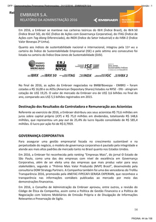 Relatório da Administração
14
EMBRAER S.A.
RELATÓRIO DA ADMINISTRAÇÃO 2016
Em 2016, a Embraer se manteve nas carteiras teóricas do IBrX (Índice Brasil), do IBrX-50
(Índice Brasil 50), do IGC (Índice de Ações com Governança Corporativa), do ITAG (Índice de
Ações com Tag Along Diferenciado), do INDX (Índice do Setor Industrial) e do IVBX-2 (Índice
Valor Bovespa 2ª Linha).
Quanto aos índices de sustentabilidade nacional e internacional, integrou pela 11ª vez a
carteira do Índice de Sustentabilidade Empresarial (ISE) e pelo sétimo ano consecutivo foi
listada na carteira do Índice Dow Jones de Sustentabilidade (DJSI).
No final de 2016, as ações da Embraer negociadas na BM&FBovespa - EMBR3 – foram
cotadas a R$ 16,00 e os ADSs (American Depositary Shares) listados na NYSE - ERJ - atingiram
cotação de US$ 19,25. O valor de mercado da Embraer era de US$ 3,6 bilhões no final do
ano, comparado aos US$ 5,5 bilhões registrados em 2015.
Destinação dos Resultados da Controladora e Remuneração aos Acionistas
Referente ao exercício de 2016, a Embraer distribuiu aos seus acionistas R$ 73,6 milhões em
juros sobre capital próprio (JCP) e R$ 75,0 milhões em dividendos, totalizando R$ 148,6
milhões, que representou um pay out de 25,4% do lucro líquido consolidado de R$ 585,4
milhões. O lucro por ação foi de R$ 0,7959.
GOVERNANÇA CORPORATIVA
Para assegurar uma gestão empresarial focada no crescimento sustentável e na
perpetuidade do negócio, o modelo de governança corporativa é pautado pela integridade e
atende aos mais altos padrões de mercado tanto no Brasil quanto nos Estados Unidos.
Em 2016, a Embraer foi reconhecida pelo ranking “Empresas Mais”, do jornal O Estado de
São Paulo, como uma das dez empresas com nível de excelência em Governança
Corporativa, além de ser eleita uma das empresas que mais produz valor para seus
stakeholders, segundo o “Prêmio Mais Valor Produzido (MVP) Brasil”, desenvolvido pela
consultoria DOM Strategy Partners. A Companhia também foi uma das vencedoras do Troféu
Transparência 2016, promovido pela ANEFAC-FIPECAFI-SERASA EXPERIAN, que reconhece a
transparência nas informações contábeis publicadas ao mercado por meio das
demonstrações financeiras.
Em 2016, o Conselho de Administração da Embraer aprovou, entre outros, a revisão do
Código de Ética da Companhia, assim como a Política de Gestão Financeira e a Política de
Negociação com Valores Mobiliários de Emissão Própria e de Divulgação de Informações
Relevantes e Preservação de Sigilo.
PÁGINA: 44 de 158
DFP - Demonstrações Financeiras Padronizadas - 31/12/2016 - EMBRAER S/A Versão : 1
 