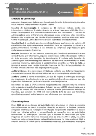 Relatório da Administração
15
EMBRAER S.A.
RELATÓRIO DA ADMINISTRAÇÃO 2016
Estrutura de Governança
A estrutura de governança da Embraer é formada pelo Conselho de Administração, Conselho
Fiscal, Diretoria, Auditoria Interna e Auditoria Externa.
Conselho de Administração: é composto de 11 membros efetivos, sendo oito
independentes. O Governo Brasileiro, detentor da ação de classe especial (Golden Share),
nomeia um conselheiro e os funcionários indicam outros dois conselheiros. O Conselho de
Administração se reúne ordinariamente oito vezes ao ano ou sempre que julgar necessário,
contando com o suporte de três comitês de assessoramento previstos no Estatuto Social:
Comitê de Estratégia, Comitê de Auditoria e Riscos e Comitê de Recursos Humanos.
Conselho Fiscal: é constituído por cinco membros efetivos e igual número de suplentes. O
Conselho Fiscal se reporta diretamente à Assembleia Geral e é responsável por fiscalizar a
gestão administrativa, reunindo-se a cada trimestre ou sempre que julgar necessário para
avaliar as demonstrações financeiras.
Diretoria: é composta por oito membros nomeados pelo Conselho de Administração e tem
como atribuição gerir a Companhia, seguindo o estabelecido no Plano Estratégico e no Plano
de Ação aprovados pelo Conselho de Administração. É avaliada pelo Conselho de
Administração e remunerada segundo referências de mercado e o cumprimento das metas
econômico-financeiras, operacionais e socioambientais presentes no Plano de Ação. A
Diretoria é apoiada pelos comitês de Gestão Financeira, de Ética, de Sustentabilidade, de
Controle e Riscos Ambientais e de Negociação e Divulgação.
Auditoria Interna: a área concentra as atividades de auditoria, atua de forma independente
e se reporta diretamente ao Comitê de Auditoria e Riscos do Conselho de Administração.
Auditoria Externa: a norma da Companhia, no que diz respeito à contratação de serviços
não relacionados à auditoria externa de seus auditores independentes, assegura que não
haja conflito de interesses, perda de independência ou de objetividade.
No exercício de 2016, a KPMG Auditores Independentes era a responsável pela auditoria
externa das demonstrações financeiras da Embraer. No ano, a KPMG foi contratada para a
execução de serviços não relacionados à auditoria externa (principalmente revisões de
impostos), que somaram R$ 229,8 mil, representando 2,7% do valor dos honorários
consolidados relativos à auditoria externa para a Embraer e suas controladas.
Ética e Compliance
Desde 2010, ao ser questionada por autoridades norte-americanas em relação a potenciais
não-conformidades em certas transações comerciais no exterior, a Empresa contratou
advogados externos para realização de investigação independente, expandindo o escopo
inicial por iniciativa própria e compartilhando as apurações com as autoridades
competentes. As investigações apuraram que a Empresa foi responsável por ações
irregulares em quatro transações realizadas entre os anos de 2007 e 2011, na Arábia
Saudita, na Índia, em Moçambique e na República Dominicana. Em 24 de outubro de 2016, a
Embraer anunciou os termos para o encerramento desse caso, que vinha sendo investigado
PÁGINA: 45 de 158
DFP - Demonstrações Financeiras Padronizadas - 31/12/2016 - EMBRAER S/A Versão : 1
 