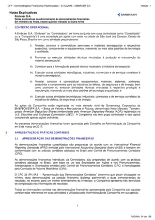 Notas Explicativas
Embraer S.A.
Notas explicativas da administração às demonstrações financeiras
Em milhares de Reais, exceto quando indicado de outra forma
1
1 CONTEXTO OPERACIONAL
A Embraer S.A. (“Embraer” ou “Controladora”; de forma conjunta com suas controladas como “Consolidado”
ou a “Companhia”) é uma sociedade por ações com sede na cidade de São José dos Campos, Estado de
São Paulo, Brasil e tem como atividade preponderante:
i) Projetar, construir e comercializar aeronaves e materiais aeroespaciais e respectivos
acessórios, componentes e equipamentos, mantendo os mais altos padrões de tecnologia
e qualidade;
ii) Promover ou executar atividades técnicas vinculadas à produção e manutenção do
material aeroespacial;
iii) Contribuir para a formação de pessoal técnico necessário à indústria aeroespacial;
iv) Executar outras atividades tecnológicas, industriais, comerciais e de serviços correlatos à
indústria aeroespacial;
v) Projetar, construir e comercializar equipamentos, materiais, sistemas, softwares,
acessórios e componentes para as indústrias de defesa, de segurança e de energia, bem
como promover ou executar atividades técnicas vinculadas à respectiva produção e
manutenção, mantendo os mais altos padrões de tecnologia e qualidade; e
vi) Executar outras atividades tecnológicas, industriais, comerciais e de serviços correlatos às
indústrias de defesa, de segurança e de energia.
As ações da Companhia estão registradas no mais elevado nível de Governança Corporativa da
BM&FBOVESPA S.A. – Bolsa de Valores e Mercadorias e Futuros, denominado Novo Mercado. Também,
possui American Depositary Shares (evidenciadas pelo American Depositary Receipt (ADR)) registrados na
U.S. Securities and Exchange Commission (SEC). A Companhia não tem grupo controlador e seu capital
compreende apenas ações ordinárias.
As presentes demonstrações financeiras foram aprovadas pelo Conselho de Administração da Companhia
em 8 de março de 2017.
2 APRESENTAÇÃO E PRÁTICAS CONTÁBEIS
2.1 APRESENTAÇÃO DAS DEMONSTRAÇÕES FINANCEIRAS
As demonstrações financeiras consolidadas são preparadas de acordo com os International Financial
Reporting Standards (IFRS) emitidas pelo International Accounting Standards Board (IASB) e também em
conformidade com as práticas contábeis adotadas no Brasil pelo Comitê de Pronunciamentos Contábeis
(CPC).
As demonstrações financeiras individuais da Controladora são preparadas de acordo com as práticas
contábeis adotadas no Brasil, com base na Lei das Sociedades por Ações e nos Pronunciamentos,
Interpretações e Orientações emitidos pelo Comitê de Pronunciamentos Contábeis (CPC) e homologadas
pela Comissão de Valores Mobiliários (CVM).
O CPC 26 (R1)/IAS 1 “Apresentação das Demonstrações Contábeis” determina que sejam divulgadas no
mínimo duas demonstrações da posição financeira (balanço patrimonial) e duas demonstrações do
resultado, no entanto, para um melhor entendimento do investidor, a Companhia apresenta três exercícios
de comparação nas informações de resultado.
Todas as informações contidas nas demonstrações financeiras apresentadas pela Companhia são aquelas
consideradas relevantes em suas atividades e utilizadas pela Administração da Companhia em sua gestão.
PÁGINA: 54 de 158
DFP - Demonstrações Financeiras Padronizadas - 31/12/2016 - EMBRAER S/A Versão : 1
 