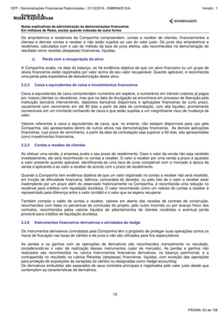 Notas Explicativas
Embraer S.A.
Notas explicativas da administração às demonstrações financeiras
Em milhares de Reais, exceto quando indicado de outra forma
10
Os empréstimos e recebíveis da Companhia compreendem, contas a receber de clientes, financiamentos a
clientes e demais contas a receber e não estão sujeitos ao uso do valor justo. Os juros dos empréstimos e
recebíveis, calculados com o uso do método da taxa de juros efetiva, são reconhecidos na demonstração do
resultado como receitas (despesas) financeiras, líquidas.
c) Perda com a recuperação do ativo
A Companhia avalia, na data do balanço, se há evidência objetiva de que um ativo financeiro ou um grupo de
ativos financeiros estão registrados por valor acima de seu valor recuperável. Quando aplicável, é reconhecida
uma perda pela expectativa de desvalorização desse ativo.
2.2.4 Caixa e equivalentes de caixa e investimentos financeiros
Caixa e equivalentes de caixa compreendem numerário em espécie, e numerários em trânsito (valores já pagos
por nossos clientes ou devedores, mas que na data de divulgação se encontrava em processo de liberação pela
instituição bancária interveniente), depósitos bancários disponíveis e aplicações financeiras de curto prazo,
usualmente com vencimento em até 90 dias a partir da data da contratação, com alta liquidez, prontamente
conversíveis em um montante conhecido de caixa e que estão sujeitas a um insignificante risco de mudança de
valor.
Valores referentes à caixa e equivalentes de caixa, que, no entanto, não estejam disponíveis para uso pela
Companhia, são apresentados dentro de outros ativos nas demonstrações financeiras. As demais aplicações
financeiras, cujo prazo de vencimento, a partir da data da contratação seja superior a 90 dias, são apresentadas
como investimentos financeiros.
2.2.5 Contas a receber de clientes
Ao efetuar uma venda, a empresa avalia o seu prazo de recebimento. Caso o valor da venda não seja recebido
imediatamente, ele será reconhecido no contas a receber. O valor a receber por uma venda a prazo é ajustado
a valor presente quando aplicável, identificando-se uma taxa de juros compatível com o mercado à época da
venda e aplicando-a ao valor a receber de acordo com o prazo de recebimento.
Quando a Companhia tem evidência objetiva de que um valor registrado no contas a receber não será recebido,
em função de dificuldade financeira, falência, concordata do devedor, ou pelo fato de o valor a receber estar
inadimplente por um prazo além do observado historicamente na Companhia, é reconhecida uma redução no
recebível para créditos com liquidação duvidosa. O valor reconhecido como um redutor do contas a receber é
representado pela diferença entre o valor contábil e o valor que se espera recuperar.
Também compõe o saldo de contas a receber, valores em aberto das receitas de contrato de construção,
reconhecidos com base no percentual de conclusão do projeto, pelo custo incorrido ou por avanço físico dos
contratos, reconhecidos pelos valores líquidos de adiantamentos de clientes recebidos e eventual perda
provável para créditos de liquidação duvidosa.
2.2.6 Instrumentos financeiros derivativos e atividades de hedge
Os instrumentos derivativos contratados pela Companhia têm o propósito de proteger suas operações contra os
riscos de flutuação nas taxas de câmbio e de juros e não são utilizados para fins especulativos.
As perdas e os ganhos com as operações de derivativos são reconhecidos mensalmente no resultado,
considerando-se o valor de realização desses instrumentos (valor de mercado). As perdas e ganhos não
realizados são reconhecidos na rubrica Instrumentos financeiros derivativos, no balanço patrimonial, e a
contrapartida no resultado na rubrica Receitas (despesas) financeiras, líquidas, com exceção das operações
para proteção de exposições às variações do câmbio ou designadas como hedge accounting.
Os derivativos embutidos são separados de seus contratos principais e registrados pelo valor justo desde que
contemplem as características de derivativos.
PÁGINA: 63 de 158
DFP - Demonstrações Financeiras Padronizadas - 31/12/2016 - EMBRAER S/A Versão : 1
 