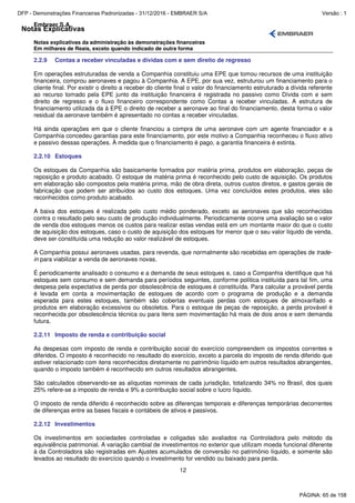 Notas Explicativas
Embraer S.A.
Notas explicativas da administração às demonstrações financeiras
Em milhares de Reais, exceto quando indicado de outra forma
12
2.2.9 Contas a receber vinculadas e dívidas com e sem direito de regresso
Em operações estruturadas de venda a Companhia constituiu uma EPE que tomou recursos de uma instituição
financeira, comprou aeronaves e pagou à Companhia. A EPE, por sua vez, estruturou um financiamento para o
cliente final. Por existir o direito a receber do cliente final o valor do financiamento estruturado a dívida referente
ao recurso tomado pela EPE junto da instituição financeira é registrada no passivo como Dívida com e sem
direito de regresso e o fluxo financeiro correspondente como Contas a receber vinculadas. A estrutura de
financiamento utilizada da à EPE o direito de receber a aeronave ao final do financiamento, desta forma o valor
residual da aeronave também é apresentado no contas a receber vinculadas.
Há ainda operações em que o cliente financiou a compra de uma aeronave com um agente financiador e a
Companhia concedeu garantias para este financiamento, por este motivo a Companhia reconheceu o fluxo ativo
e passivo dessas operações. À medida que o financiamento é pago, a garantia financeira é extinta.
2.2.10 Estoques
Os estoques da Companhia são basicamente formados por matéria prima, produtos em elaboração, peças de
reposição e produto acabado. O estoque de matéria prima é reconhecido pelo custo de aquisição. Os produtos
em elaboração são compostos pela matéria prima, mão de obra direta, outros custos diretos, e gastos gerais de
fabricação que podem ser atribuídos ao custo dos estoques. Uma vez concluídos estes produtos, eles são
reconhecidos como produto acabado.
A baixa dos estoques é realizada pelo custo médio ponderado, exceto as aeronaves que são reconhecidas
contra o resultado pelo seu custo de produção individualmente. Periodicamente ocorre uma avaliação se o valor
de venda dos estoques menos os custos para realizar estas vendas está em um montante maior do que o custo
de aquisição dos estoques, caso o custo de aquisição dos estoques for menor que o seu valor líquido de venda,
deve ser constituída uma redução ao valor realizável de estoques.
A Companhia possui aeronaves usadas, para revenda, que normalmente são recebidas em operações de trade-
in para viabilizar a venda de aeronaves novas.
É periodicamente analisado o consumo e a demanda de seus estoques e, caso a Companhia identifique que há
estoques sem consumo e sem demanda para períodos seguintes, conforme política instituída para tal fim, uma
despesa pela expectativa de perda por obsolescência de estoques é constituída. Para calcular a provável perda
é levada em conta a movimentação de estoques de acordo com o programa de produção e a demanda
esperada para estes estoques, também são cobertas eventuais perdas com estoques de almoxarifado e
produtos em elaboração excessivos ou obsoletos. Para o estoque de peças de reposição, a perda provável é
reconhecida por obsolescência técnica ou para itens sem movimentação há mais de dois anos e sem demanda
futura.
2.2.11 Imposto de renda e contribuição social
As despesas com imposto de renda e contribuição social do exercício compreendem os impostos correntes e
diferidos. O imposto é reconhecido no resultado do exercício, exceto a parcela do imposto de renda diferido que
estiver relacionado com itens reconhecidos diretamente no patrimônio líquido em outros resultados abrangentes,
quando o imposto também é reconhecido em outros resultados abrangentes.
São calculados observando-se as alíquotas nominais de cada jurisdição, totalizando 34% no Brasil, dos quais
25% refere-se a imposto de renda e 9% a contribuição social sobre o lucro líquido.
O imposto de renda diferido é reconhecido sobre as diferenças temporais e diferenças temporárias decorrentes
de diferenças entre as bases fiscais e contábeis de ativos e passivos.
2.2.12 Investimentos
Os investimentos em sociedades controladas e coligadas são avaliados na Controladora pelo método da
equivalência patrimonial. A variação cambial de investimentos no exterior que utilizam moeda funcional diferente
à da Controladora são registradas em Ajustes acumulados de conversão no patrimônio líquido, e somente são
levados ao resultado do exercício quando o investimento for vendido ou baixado para perda.
PÁGINA: 65 de 158
DFP - Demonstrações Financeiras Padronizadas - 31/12/2016 - EMBRAER S/A Versão : 1
 