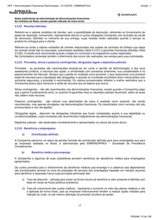 Notas Explicativas
Embraer S.A.
Notas explicativas da administração às demonstrações financeiras
Em milhares de Reais, exceto quando indicado de outra forma
17
2.2.22 Receitas diferidas
Referem-se a valores recebidos de clientes, sem a possibilidade de devolução, referentes ao fornecimento de
peças de reposição, treinamento, representante técnico e outras obrigações constantes nos contratos de venda
de aeronaves, diferidas no momento de sua entrega, cujas receitas serão realizadas quando o serviço ou
produto for entregue para o cliente.
Referem-se ainda a valores recebidos de clientes relacionados aos aceites de contratos de Defesa cuja etapa
do contrato ainda não foi executada, subvenções recebidas (Nota 2.2.27) e garantias financeiras diferidas (Nota
2.2.20). A receita será reconhecida quando a etapa for concluída e os respectivos custos registrados.
Na Controladora contempla também o diferimento dos lucros não realizados nas vendas para suas controladas.
2.2.23 Provisões, ativos e passivos contingentes, obrigações legais e depósitos judiciais
Provisões - as provisões são reconhecidas levando-se em conta a opinião da Administração e dos seus
assessores jurídicos, a natureza das ações, a similaridade com processos anteriores, sua complexidade e no
posicionamento de tribunais. Sempre que a perda for avaliada como provável, o que ocasionaria uma provável
saída de recursos para a liquidação das obrigações, e quando os montantes envolvidos forem mensuráveis com
suficiente segurança, a provisão é reconhecida. Os valores provisionados refletem a melhor estimativa que a
Companhia possui para mensurar a saída de recursos que se espera que ocorra.
Ativos contingentes - não são reconhecidos nas demonstrações financeiras, exceto quando a Companhia julgar
que o ganho é praticamente certo, ou quando há garantias reais ou decisões judiciais favoráveis, sobre as quais
não cabem mais recursos.
Passivos contingentes - são valores cujo desembolso de caixa é avaliado como possível, não sendo
reconhecidos, mas apenas divulgados nas demonstrações financeiras. Os classificados como remotos não são
provisionados e nem divulgados.
Obrigações legais - decorrem de obrigações tributárias que foram contestadas quanto à sua legalidade ou
constitucionalidade, cujos montantes são reconhecidos integralmente nas demonstrações financeiras.
Depósitos judiciais - são atualizados monetariamente e apresentados na rubrica de outros ativos.
2.2.24 Benefícios a empregados
a) Contribuição definida
A Companhia patrocina um plano de pensão fechado de contribuição definida para seus empregados que para
as empresas sediadas no Brasil, é administrado pela EMBRAERPREV – Sociedade de Previdência
Complementar.
b) Benefício médico pós-emprego
A Companhia e algumas de suas subsidiárias proveem benefícios de assistência médica para empregados
aposentados.
Os custos previstos para o oferecimento de benefícios médicos pós-emprego e a cobertura dos dependentes
são provisionados durante os anos de prestação de serviços dos empregados baseado em estudos atuariais
para identificar a exposição futura cujas principais premissas são:
(i) Taxa de desconto - utilizada para trazer os fluxos futuros do benefício a valor presente é definida com
base em taxas de títulos públicos brasileiros;
(ii) Taxa de crescimento dos custos médicos - representa o aumento no valor dos planos médicos e não
é aplicada de forma linear, pois as empresas historicamente tendem a realizar ações voltadas para
redução do custo, ou até mesmo alteração do provedor do plano de saúde;
PÁGINA: 70 de 158
DFP - Demonstrações Financeiras Padronizadas - 31/12/2016 - EMBRAER S/A Versão : 1
 