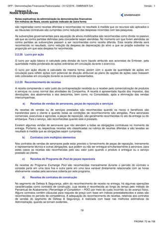 Notas Explicativas
Embraer S.A.
Notas explicativas da administração às demonstrações financeiras
Em milhares de Reais, exceto quando indicado de outra forma
19
são registradas como receitas diferidas e reconhecidas no resultado à medida que os recursos são aplicados e
as cláusulas contratuais são cumpridas como redução das despesas incorridas com tais pesquisas.
As subvenções governamentais para aquisição de ativos imobilizados são reconhecidas como dívida no passivo
até que as contra partidas definidas pela concedente sejam atendidas. No momento em que forem atendidas as
contra partidas as subvenções passam a ser reconhecidas como receita diferida. Esta receita diferida será
reconhecida no resultado, como redução da despesa de depreciação do ativo a que se propõe subsidiar na
proporção em que esta despesa for reconhecida.
2.2.28 Lucro por ação
O lucro por ação básico é calculado pela divisão do lucro líquido atribuído aos acionistas da Embraer, pela
quantidade média ponderada de ações ordinárias em circulação durante o exercício.
O lucro por ação diluído é calculado da mesma forma, porém com o ajuste da quantidade de ações em
circulação para refletir ações com potencial de diluição atribuível ao plano de opções de ações caso tivessem
sido colocadas em circulação durante os exercícios apresentados.
2.2.29 Reconhecimento de receitas
A receita compreende o valor justo da contraprestação recebida ou a receber pela comercialização de produtos
e serviços no curso normal das atividades da Companhia. A receita é apresentada líquida dos impostos, das
devoluções, dos abatimentos e dos descontos, bem como, no Consolidado, após a eliminação das vendas
intercompanhias.
a) Receitas de vendas de aeronaves, peças de reposição e serviços
As receitas de vendas ou de serviços prestados são reconhecidas quando os riscos e benefícios são
transferidos para o cliente e quando todas as condições de reconhecimento são atingidas. Para aeronaves
comerciais, executivas e agrícolas, e peças de reposição, são geralmente reconhecidas no ato da entrega ou do
embarque. Para o serviço, são reconhecidas quando este é prestado.
Existem algumas vendas de aeronaves que não atendem a todas as obrigações contratuais no momento da
entrega. Portanto, as respectivas receitas são classificadas na rubrica de receitas diferidas e são levadas ao
resultado à medida que as obrigações sejam cumpridas.
b) Contratos com múltiplos elementos
Nos contratos de vendas de aeronaves pode estar previsto o fornecimento de peças de reposição, treinamento
e representante técnico e outras obrigações, que podem ou não ser entregue simultaneamente à aeronave, para
estes casos as receitas são reconhecidas pelo seu valor justo quando o produto é entregue ou o serviço
prestado ao cliente.
c) Receitas do Programa de Pool de peças reparáveis
As receitas do Programa Exchange Pool são reconhecidas mensalmente durante o período do contrato e
consiste parte em uma taxa fixa e outra parte em uma taxa variável diretamente relacionada com as horas
efetivamente voadas pela aeronave coberta por este programa.
d) Receitas de contratos de construção
No segmento de Defesa & Segurança, além do reconhecimento de receita na entrega, há algumas operações
caracterizadas como contratos de construção, cuja receita é reconhecida ao longo do tempo pelo método de
Percentual de Acabamento (Percentage of Completion – POC) por meio do custo incorrido ou do avanço físico.
Alguns contratos contêm cláusulas para reajuste de preço com base em índices preestabelecidos e estes são
reconhecidos no período de competência. A adequação do reconhecimento de receitas, relativas aos contratos
de vendas do segmento de Defesa & Segurança, é realizada com base nas melhores estimativas da
Administração, quando se tornam evidentes.
PÁGINA: 72 de 158
DFP - Demonstrações Financeiras Padronizadas - 31/12/2016 - EMBRAER S/A Versão : 1
 