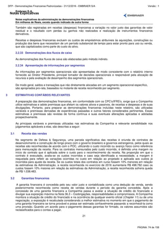 Notas Explicativas
Embraer S.A.
Notas explicativas da administração às demonstrações financeiras
Em milhares de Reais, exceto quando indicado de outra forma
21
Também são registradas em receitas (despesas) financeiras a variação no valor justo das garantias de valor
residual e o resultado com perdas ou ganhos não realizados e realização de instrumentos financeiros
derivativos.
Receitas e despesas financeiras excluem os custos de empréstimos atribuíveis às aquisições, construções ou
produção dos bens que necessitam de um período substancial de tempo para estar pronto para uso ou venda,
que são capitalizados como parte do custo do ativo.
2.2.33 Demonstrações dos fluxos de caixa
As demonstrações dos fluxos de caixa são elaboradas pelo método indireto.
2.2.34 Apresentação de informações por segmentos
As informações por segmentos operacionais são apresentadas de modo consistente com o relatório interno
fornecido ao Diretor Presidente, principal tomador de decisões operacionais e responsável pela alocação de
recursos e pela avaliação de desempenho dos segmentos operacionais.
De modo geral, saldos e transações que não diretamente alocadas em um segmento operacional específico,
são apropriados pro-rata, baseados no motante de receita reconhecido por segmento.
3 ESTIMATIVAS CONTÁBEIS RELEVANTES
A preparação das demonstrações financeiras, em conformidade com os CPC’s/IFRS’s, exige que a Companhia
utilize estimativas e adote premissas que afetam os valores ativos e passivos, de receitas e despesas e de suas
divulgações. Portanto, para preparar as demonstrações financeiras incluídas neste relatório, são utilizadas
variáveis e premissas derivadas de experiências passadas e outros fatores considerados pertinentes. Essas
estimativas e premissas são revistas de forma contínua e suas eventuais alterações aplicadas e adotadas
prospectivamente.
As principais variáveis e premissas utilizadas nas estimativas da Companhia e relevante sensibilidade nos
julgamentos aplicáveis a elas, são descritas a seguir:
3.1 Receita das vendas
No segmento de Defesa & Segurança, uma parcela significativa das receitas é oriunda de contratos de
desenvolvimento e construção de longo prazo com o governo brasileiro e governos estrangeiros, pelos quais as
receitas são reconhecidas de acordo com o POC, utilizando o custo incorrido ou avanço físico como referência
para mensuração da receita. Para os contratos mensurados pelo custo incorrido, é definida uma margem no
início do contrato que é aplicada sobre o custo para o reconhecimento da receita. Na proporção em que o
contrato é executado, avalia-se os custos incorridos e caso seja identificada a necessidade, a margem é
reajustada para refletir as variações ocorridas no custo em relação ao projetado e aplicada aos custos já
incorridos para ajuste da receita. Se os custos totais dos contratos em curso fossem 10% menores em relação
às estimativas da Administração, a receita reconhecida no exercício de 2016 aumentaria R$ 498.782 caso os
custos fossem 10% maiores em relação às estimativas da Administração, a receita reconhecida sofreria queda
de R$ 1.038.483.
3.2 Garantias financeiras
A garantia financeira é concedida pelo seu valor justo e contabilizada como uma dedução de venda, sendo
posteriormente reconhecida como receita de vendas durante o período da garantia concedida. Após a
concessão de uma garantia financeira a Companhia passa a avaliar a situação de crédito do financiado e
divulgar sua exposição máxima na Nota 36.3 – Coobrigações, responsabilidades e compromissos. A Companhia
monitora a situação de crédito do financiado e na ocorrência de qualquer evento oficial (Chapter 11) ou de uma
negociação, a exposição é recalculada considerando a melhor estimativa no momento em que o pagamento de
uma garantia financeira se torna provável e possa ser estimada confiavelmente passando a reconhecê-la como
uma provisão. Quando um acordo para o pagamento dessas garantias for firmado, os valores assumidos são
reclassificados para o contas a pagar.
PÁGINA: 74 de 158
DFP - Demonstrações Financeiras Padronizadas - 31/12/2016 - EMBRAER S/A Versão : 1
 