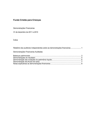 Fundo Cristão para Crianças


Demonstrações Financeiras

31 de dezembro de 2011 e 2010



Índice



Relatório dos auditores independentes sobre as demonstrações financeiras ..................... 1

Demonstrações Financeiras Auditadas

Balanços patrimoniais ......................................................................................................... 3
Demonstrações do resultado .............................................................................................. 5
Demonstração das mutações do patrimônio líquido............................................................ 6
Demonstração dos fluxos de caixa ..................................................................................... 7
Notas explicativas às demonstrações financeiras ............................................................... 8
 