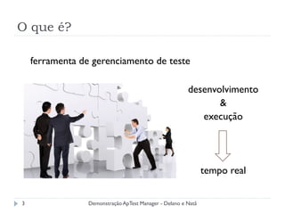O que é?

    ferramenta de gerenciamento de teste

                                                        desenvolvimento
                                                               &
                                                           execução




                                                               tempo real


3                Demonstração ApTest Manager - Delano e Natã
 