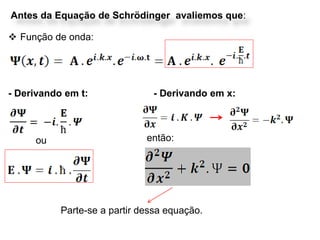  Função de onda:
- Derivando em t: - Derivando em x:
então:ou
Antes da Equação de Schrödinger avaliemos que:
Parte-se a partir dessa equação.
 
