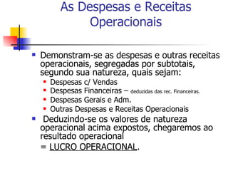 As Despesas e Receitas Operacionais Demonstram-se as despesas e outras receitas operacionais, segregadas por subtotais, segundo sua natureza, quais sejam: Despesas c/ Vendas Despesas Financeiras –  deduzidas das rec. Financeiras. Despesas Gerais e Adm. Outras Despesas e Receitas Operacionais Deduzindo-se os valores de natureza operacional acima expostos, chegaremos ao resultado operacional =  LUCRO OPERACIONAL . 