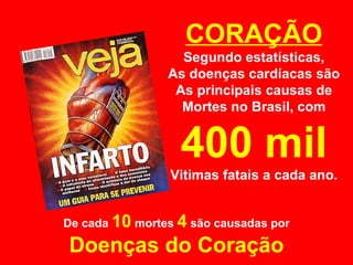 CORAÇÃO Segundo estatísticas, As doenças cardíacas são As principais causas de Mortes no Brasil, com 400 mil Vitimas fatais a cada ano. De cada  10  mortes  4  são causadas por Doenças do Coração 