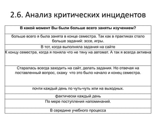 2.6. Анализ критических инцидентов
В какой момент Вы были больше всего заняты изучением?
больше всего я была занята в конце семестра. Так как в практиках стало
больше заданий: эссе, игры.
В тот, когда выполняла задания на сайте
К концу семестра, когда я поняла что не тяну на автомат. А так я всегда активна
Старалась всегда заходить на сайт, делать задания. Но отвечая на
поставленный вопрос, скажу что это было начало и конец семестра.
почти каждый день по чуть-чуть или на выходных.
фактически каждый день
По мере поступления напоминаний.
В середине учебного процесса
 