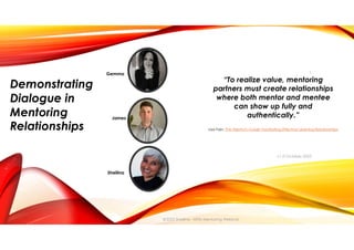 v1.0 October 2022
@2022 Sheilina - APM Mentoring Webinar
Demonstrating
Dialogue in
Mentoring
Relationships
Sheilina
Gemma
James
“To realize value, mentoring
partners must create relationships
where both mentor and mentee
can show up fully and
authentically.”
Lisa Fain, The Mentor's Guide: Facilitating Effective Learning Relationships
1
 