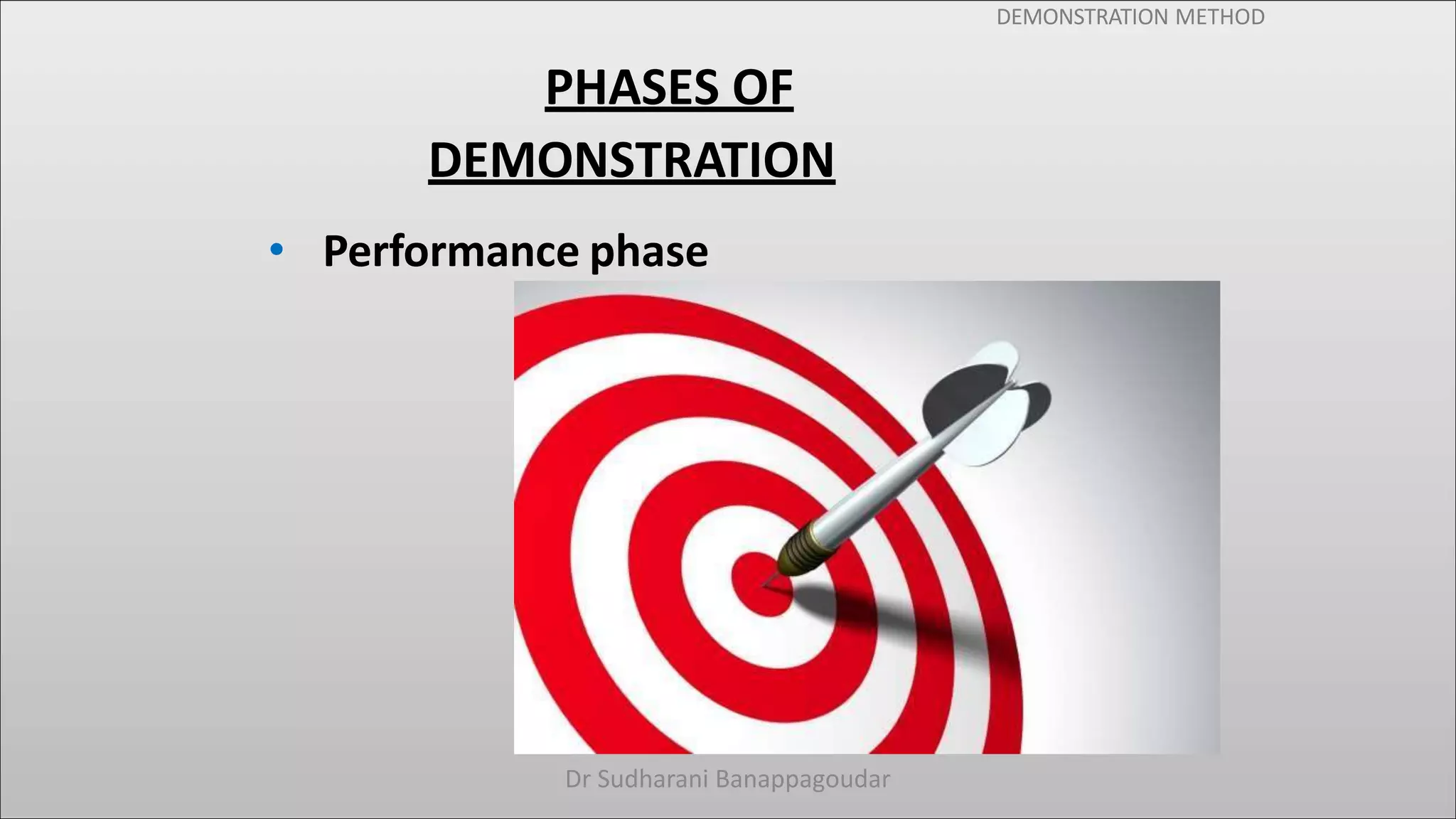 DEMONSTRATION METHOD
PHASES OF
DEMONSTRATION
• Performance phase
Dr Sudharani Banappagoudar
 