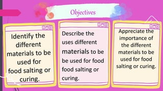 Appreciate the
importance of
the different
materials to be
used for food
salting or curing.
Describe the
uses different
materials to be
be used for food
food salting or
curing.
 