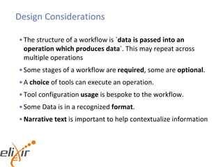 Design Considerations
•The structure of a workflow is `data is passed into an
operation which produces data`. This may repeat across
multiple operations
•Some stages of a workflow are required, some are optional.
•A choice of tools can execute an operation.
•Tool configuration usage is bespoke to the workflow.
•Some Data is in a recognized format.
•Narrative text is important to help contextualize information
 