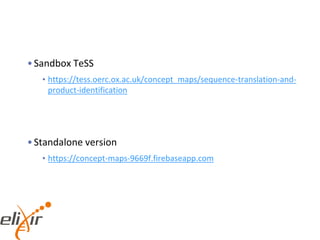 •Sandbox TeSS
• https://tess.oerc.ox.ac.uk/concept_maps/sequence-translation-and-
product-identification
•Standalone version
• https://concept-maps-9669f.firebaseapp.com
 