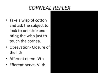 CORNEAL REFLEX
• Take a wisp of cotton
and ask the subject to
look to one side and
bring the wisp just to
touch the cornea.
• Obsevation- Closure of
the lids.
• Afferent nerve- Vth
• Efferent nerve- VIIth
 