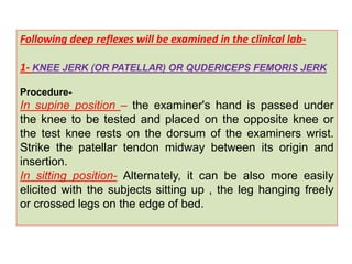 Following deep reflexes will be examined in the clinical lab-
1- KNEE JERK (OR PATELLAR) OR QUDERICEPS FEMORIS JERK
Procedure-
In supine position – the examiner's hand is passed under
the knee to be tested and placed on the opposite knee or
the test knee rests on the dorsum of the examiners wrist.
Strike the patellar tendon midway between its origin and
insertion.
In sitting position- Alternately, it can be also more easily
elicited with the subjects sitting up , the leg hanging freely
or crossed legs on the edge of bed.
 