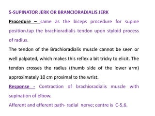 5-SUPINATOR JERK OR BRANCIORADIALIS JERK
Procedure – same as the biceps procedure for supine
position.tap the brachioradialis tendon upon styloid process
of radius.
The tendon of the Brachioradialis muscle cannot be seen or
well palpated, which makes this reflex a bit tricky to elicit. The
tendon crosses the radius (thumb side of the lower arm)
approximately 10 cm proximal to the wrist.
Response - Contraction of brachioradialis muscle with
supination of elbow.
Afferent and efferent path- radial nerve; centre is C-5,6.
 