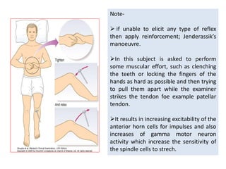 Note-
 if unable to elicit any type of reflex
then apply reinforcement; Jenderassik’s
manoeuvre.
In this subject is asked to perform
some muscular effort, such as clenching
the teeth or locking the fingers of the
hands as hard as possible and then trying
to pull them apart while the examiner
strikes the tendon foe example patellar
tendon.
It results in increasing excitability of the
anterior horn cells for impulses and also
increases of gamma motor neuron
activity which increase the sensitivity of
the spindle cells to strech.
 