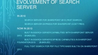 EVOLVEMENT OF SEARCH
SERVER
IN 2010
SEARCH SERVER FOR SHAREPOINT 2010 (FAST SEARCH)
SEARCH SERVER EXPRESS FOR SHAREPOINT (COST FREE)
NOW IN 2013
BUILT IN SEARCH SERVER CAPABILITIES WITH SHAREPOINT SERVER
2013 (BUNDLED)
BUILT IN SEARCH SERVER EXPRESS CAPABILITIES IN SHAREPOINT
FOUNDATION 2013 (BUNDLED)
FULL-TEXT SEARCH FOR PDF FILE TYPE MADE BUILT IN ON SHAREPOINT
2013
 