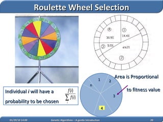 02/05/10   14:07 Genetic Algorithms – A gentle Introduction 2 1 n 3 Area is Proportional  to fitness value 4 Roulette Wheel Selection Individual  i  will have a  probability to be chosen  