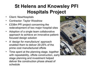 St Helens and Knowsley PFI Hospitals Project Client: NewHospitals  Contractor: Taylor Woodrow £338m PFI project concerning the redevelopment of two major hospital sites Adoption of a single team collaborative approach to achieve an innovative patient- focused design solution  A ‘design for manufacture’ approach enabled them to deliver 20-25% of the prime cost manufactured offsite Time spent at the planning stage, together with repeatability, offsite construction, early stage planning and investment helped deliver the construction phase ahead of schedule 