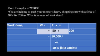 More Examples of WORK
•You are helping to push your mother’s heavy shopping cart with a force of
50 N for 200 m. What is amount of work done?
Work done, W = F x s
= 50 x 200
= 10,000 J
or
10 kJ (kilo-Joules)
 