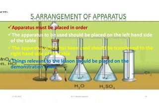 Apparatus must be placed in order
The apparatus to be used should be placed on the left hand side
of the table
The apparatus which has been used should be transferred to the
right hand side of the table
Things relevant to the lesson should be placed on the
demonstration table
21-05-2021 Dr. C. Beulah Jayarani 14
 