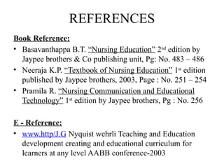 REFERENCES
Book Reference:
• Basavanthappa B.T. “Nursing Education” 2nd
edition by
Jaypee brothers & Co publishing unit, Pg: No. 483 – 486
• Neeraja K.P. “Textbook of Nursing Education” 1st
edition
published by Jaypee brothers, 2003, Page : No. 251 – 254
• Pramila R. “Nursing Communication and Educational
Technology” 1st
edition by Jaypee brothers, Pg : No. 256
E - Reference:
• www.http/J.G Nyquist wehrli Teaching and Education
development creating and educational curriculum for
learners at any level AABB conference-2003
 